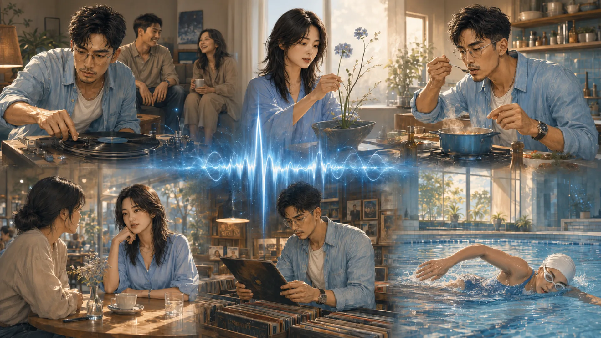 The Pulse in six scenes joined by one blue waveform: cueing a record, arranging flowers, cooking at the stove, talking over coffee, sorting through vinyl, and swimming lengths