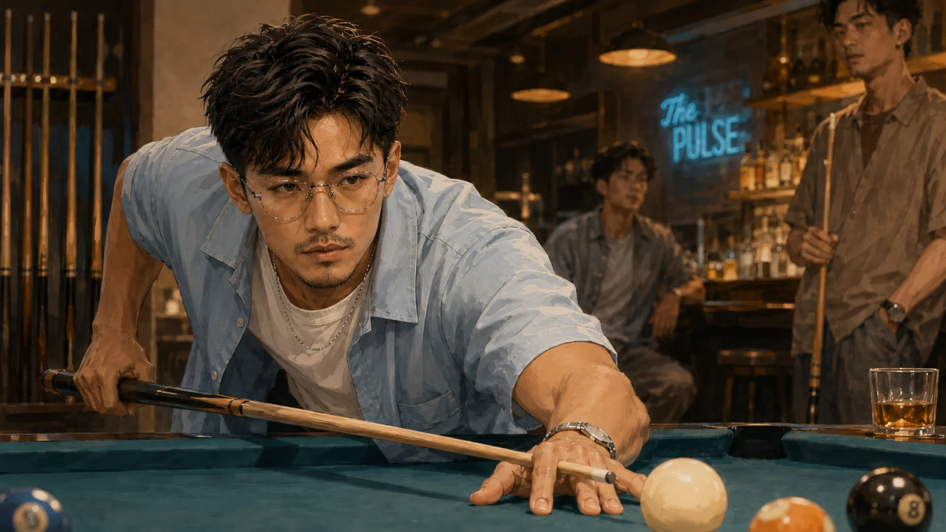 The Pulse lining up a shot across a pool table under a neon sign, cue steady on a bridged hand