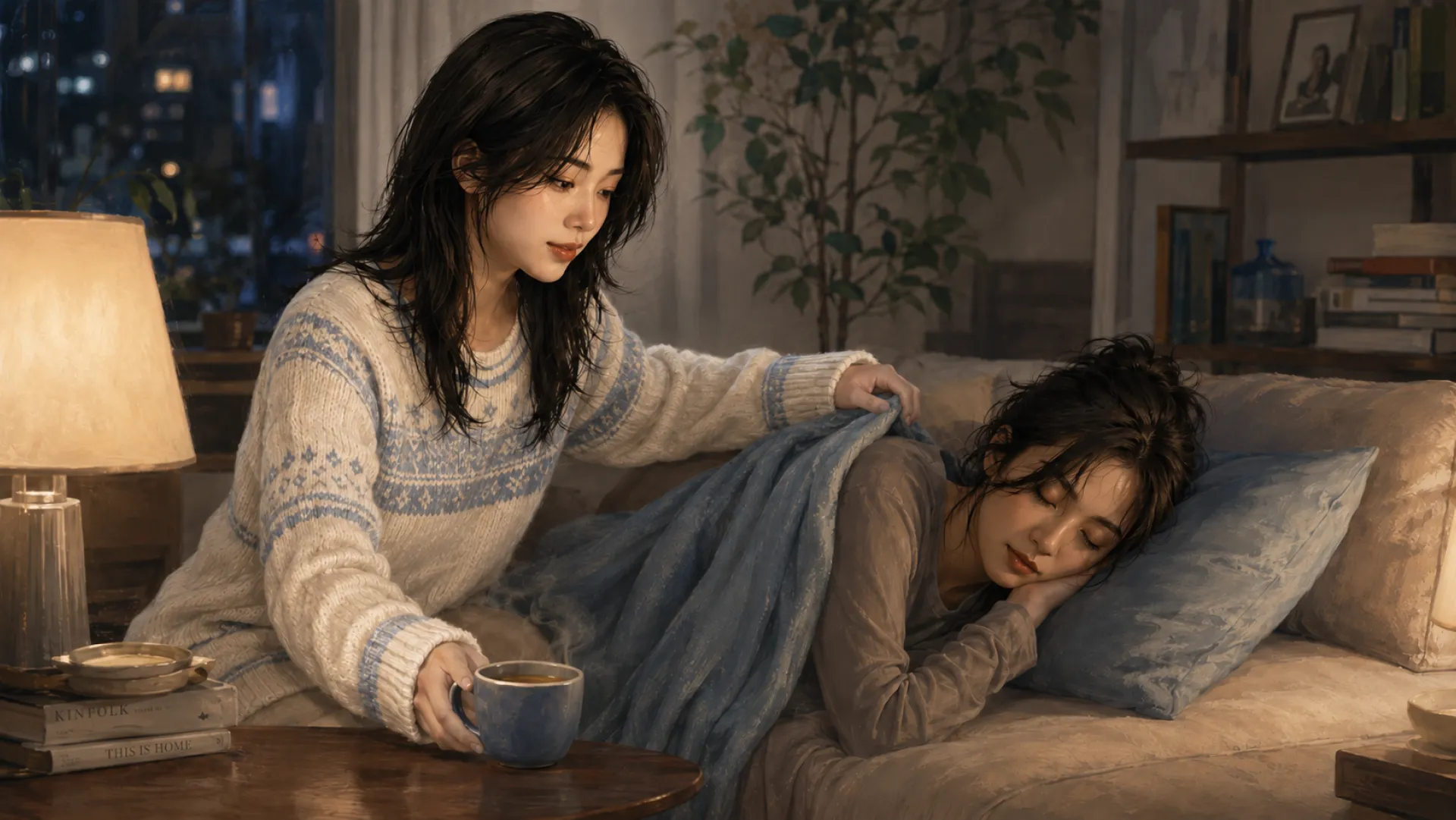 The Pulse laying a blanket over someone asleep on the sofa, a warm mug still in one hand