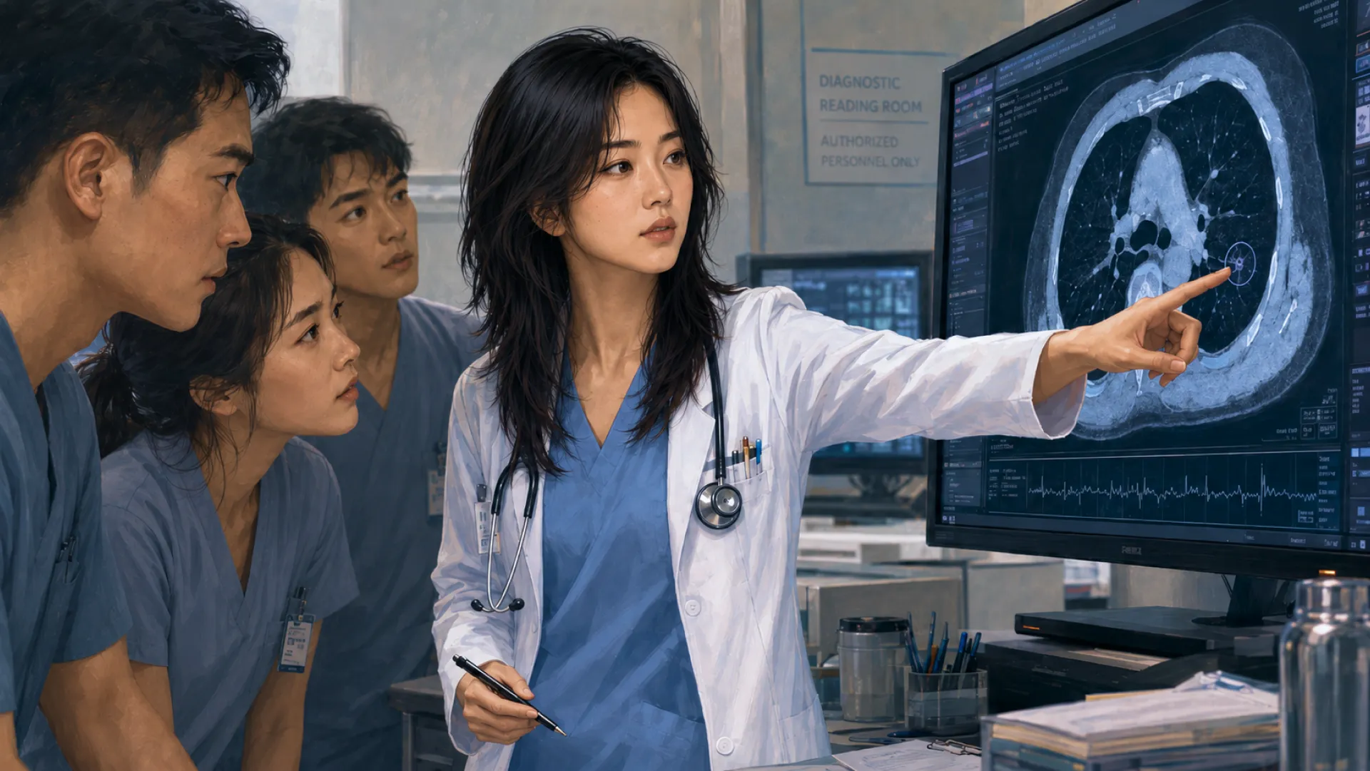 The Pulse in a white coat, pointing out one small mark on a scan while three colleagues in scrubs lean in to look