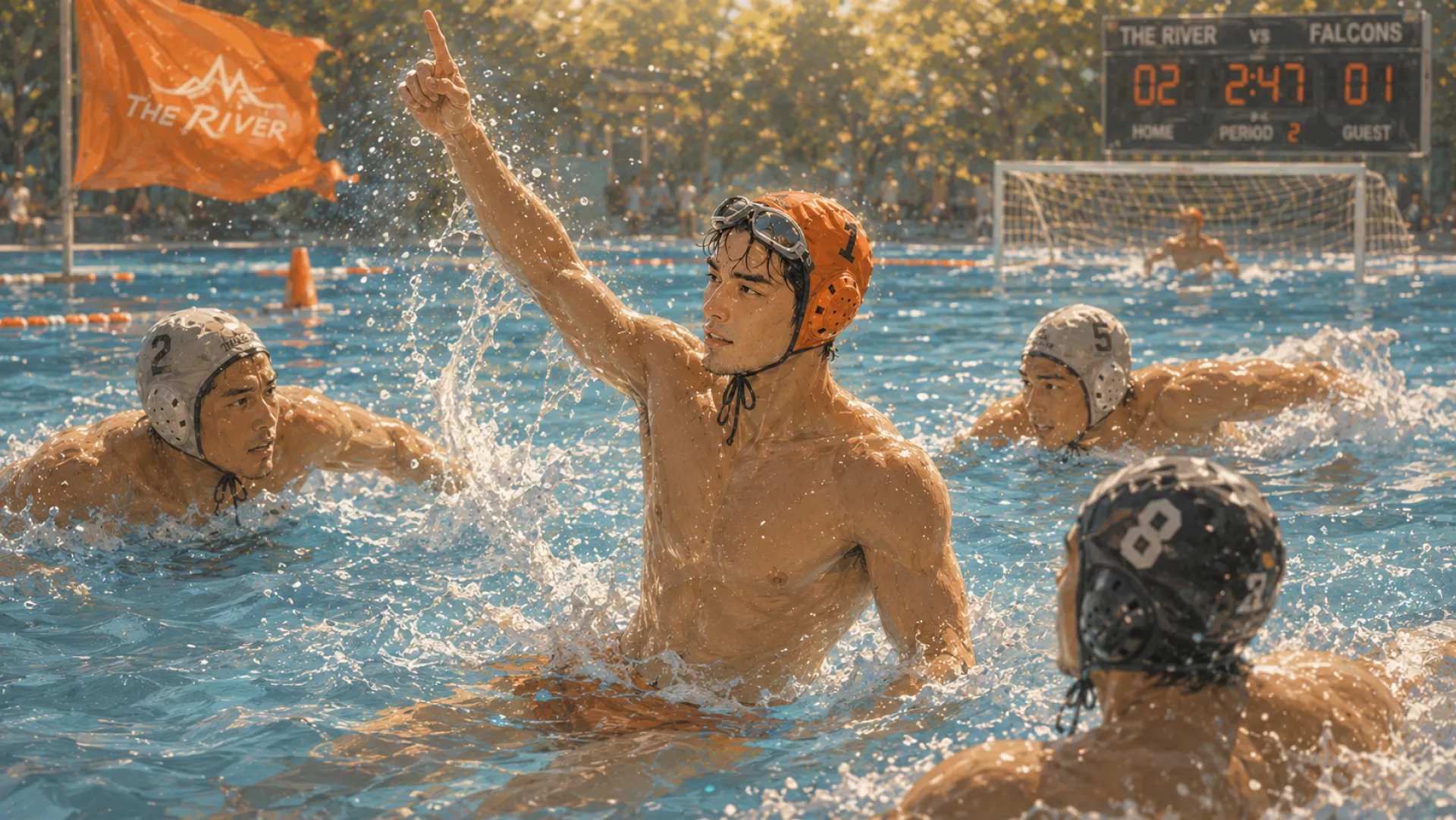 The River in an orange cap at a water polo match, one arm up to call the next play
