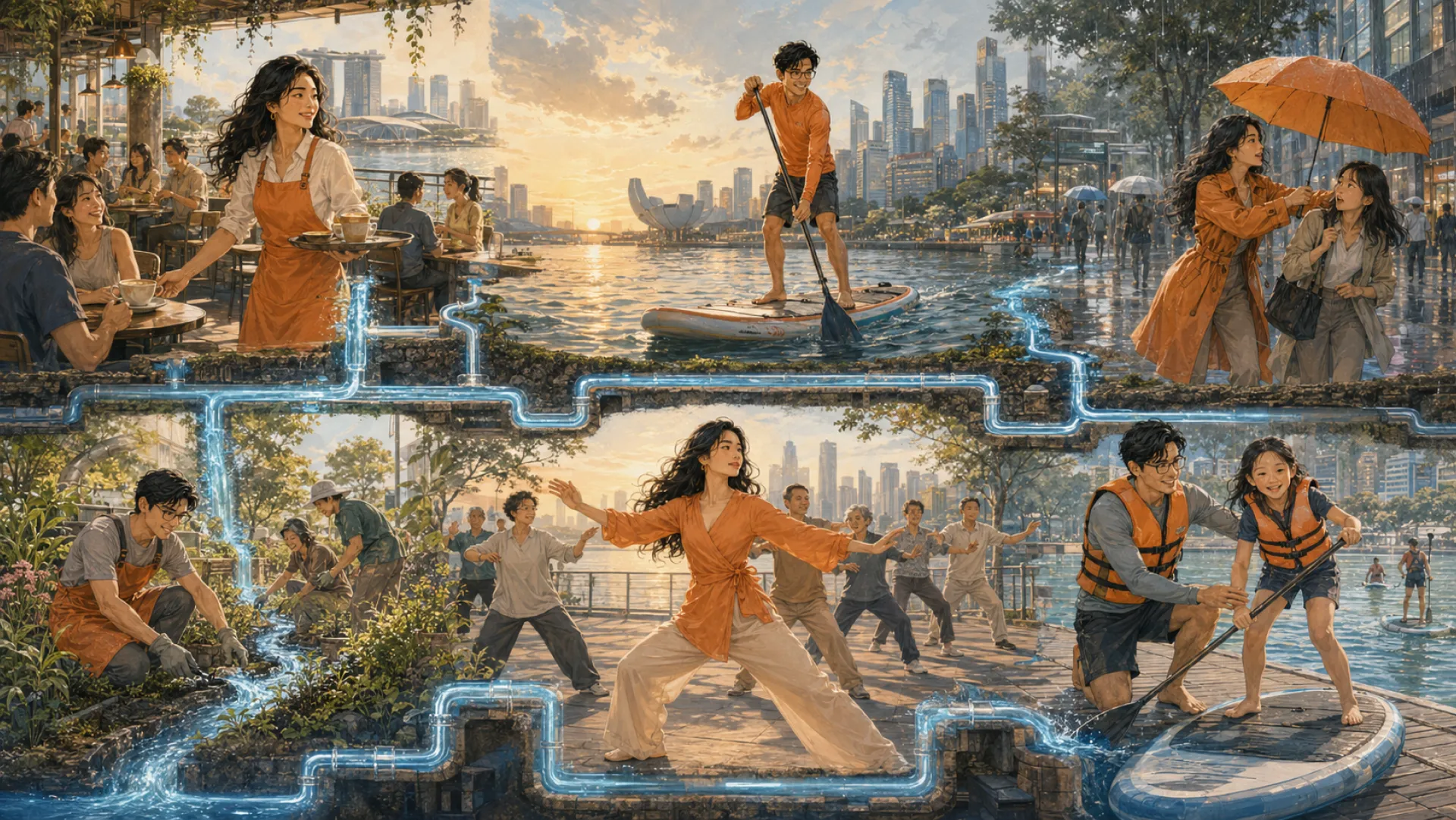 The River's week in linked panels: a cafe shift, a sunset paddleboard, an umbrella shared in the rain, a community planting bed, an outdoor tai chi class, and a first paddling lesson