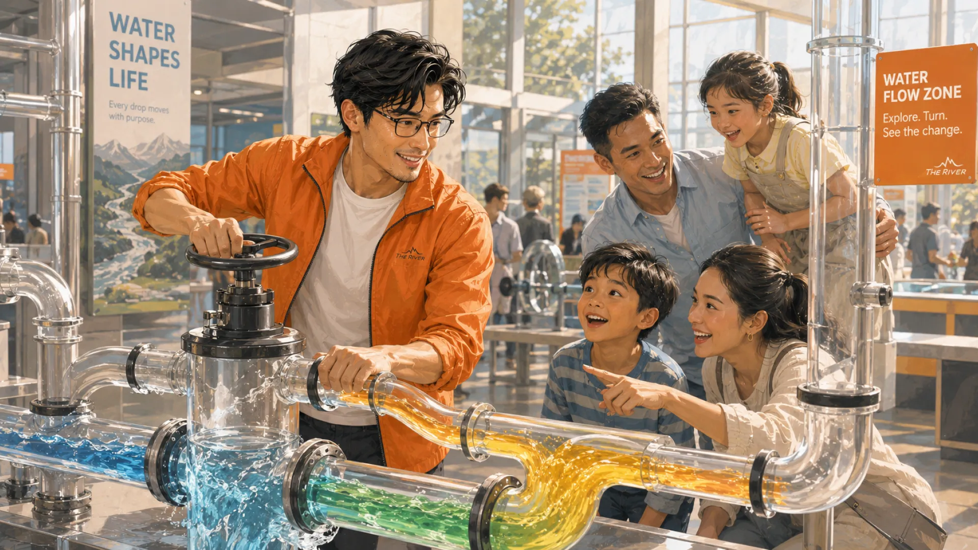 The River turning a valve on a science centre water exhibit while a family watches the coloured flow change course