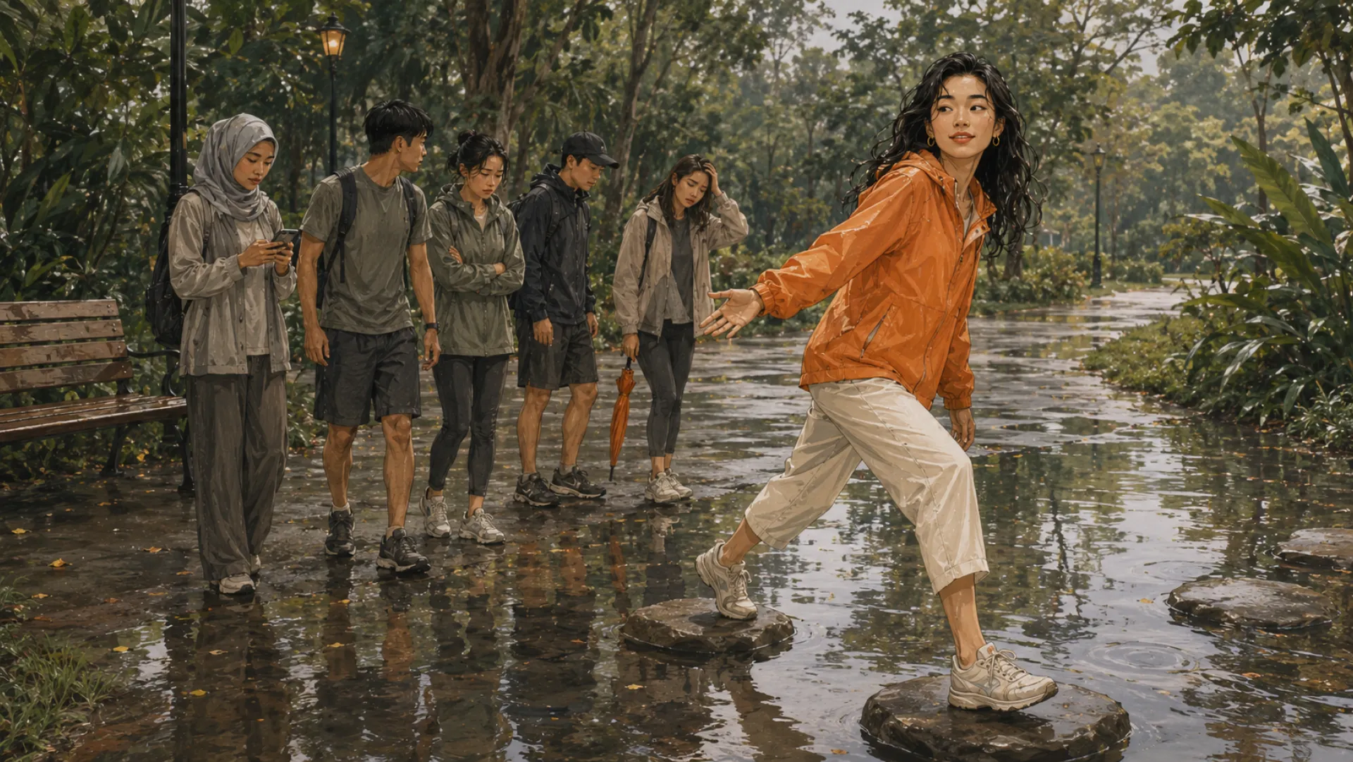 The River stepping out onto stones across a flooded park path in the rain, one hand reaching back to a group stopped at the water's edge