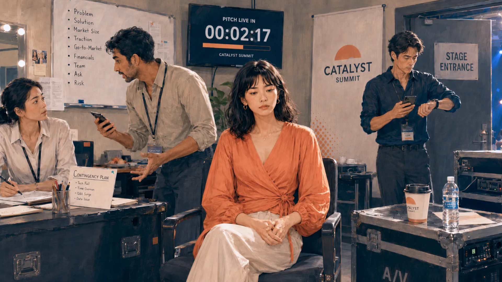 The Rush sitting still backstage with hands folded while a countdown to a live pitch runs behind, colleagues gesturing at phones and checking watches