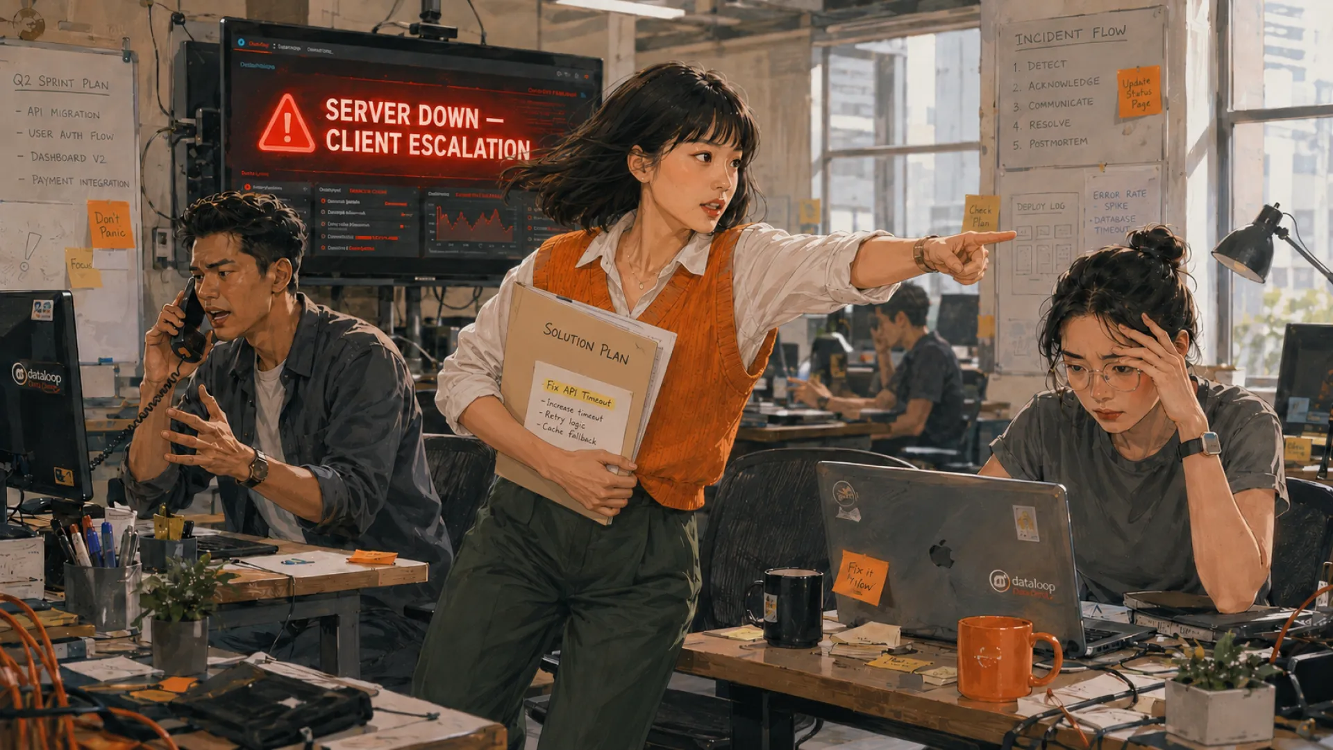 The Rush pointing the way across a busy office while a screen behind reads server down, a solution plan folder held under one arm