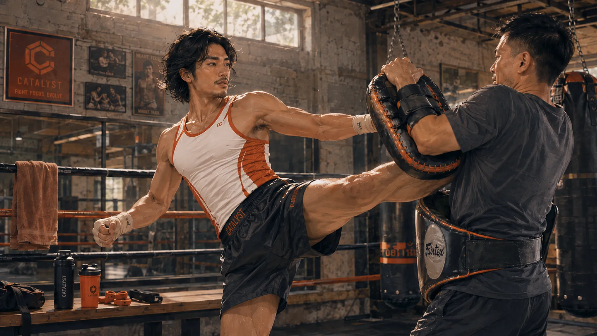 The Rush landing a high kick on a coach's pad in a gym, with a ring and heavy bags behind