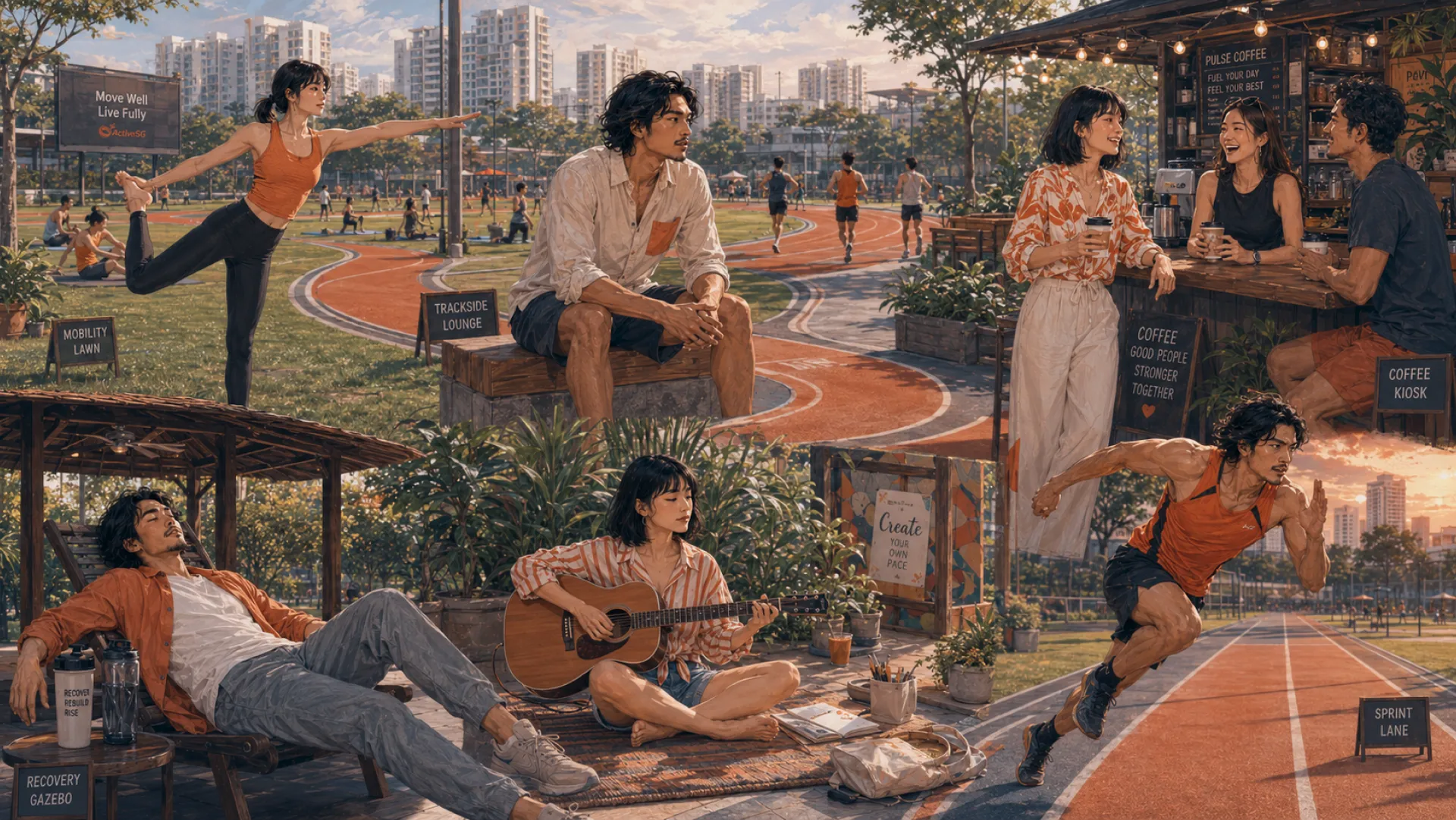 The Rush's week in one park: a balance pose on the grass, sitting trackside, coffee with friends at a kiosk, asleep in a shelter, playing guitar, and sprinting down the track