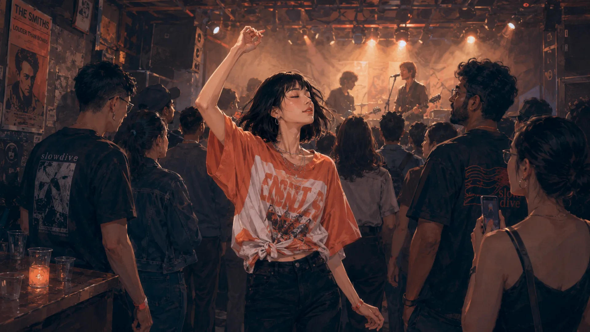 The Rush dancing with one arm up in a small music venue, eyes closed, a band playing on the stage behind the crowd