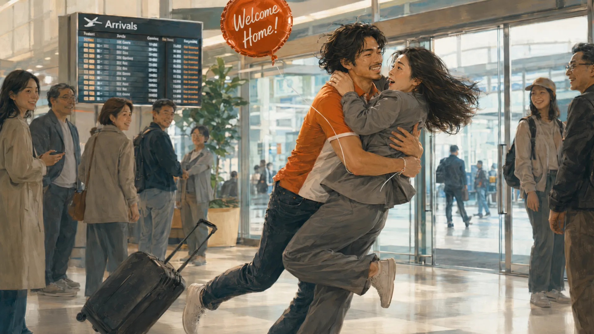 The Rush caught mid-run in an airport arrivals hall, lifting someone off the floor under a welcome home balloon