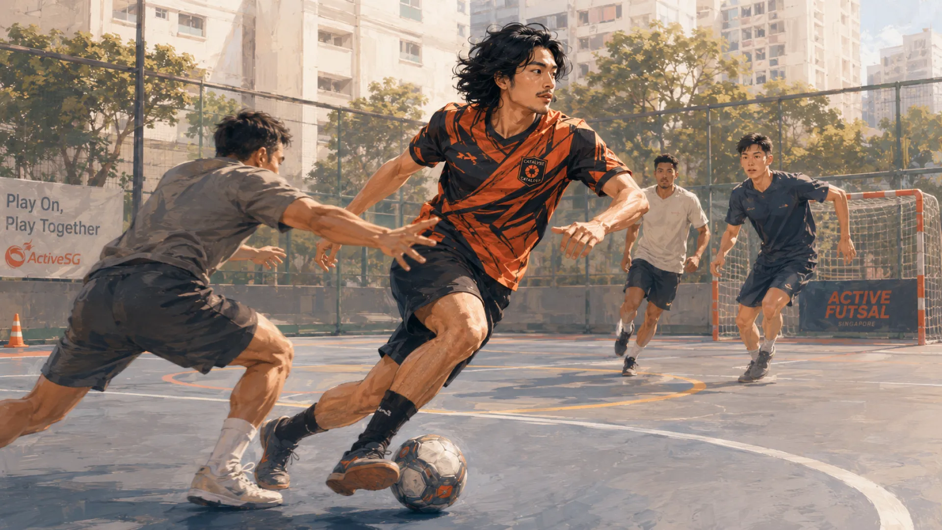 The Rush cutting past a defender with the ball on an outdoor futsal court, two more players closing in from the goal