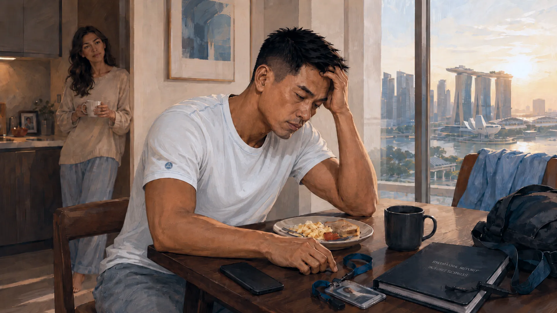 The Sentinel at a kitchen table at sunrise, head propped on one hand over an untouched plate, watched from the doorway by someone holding a mug