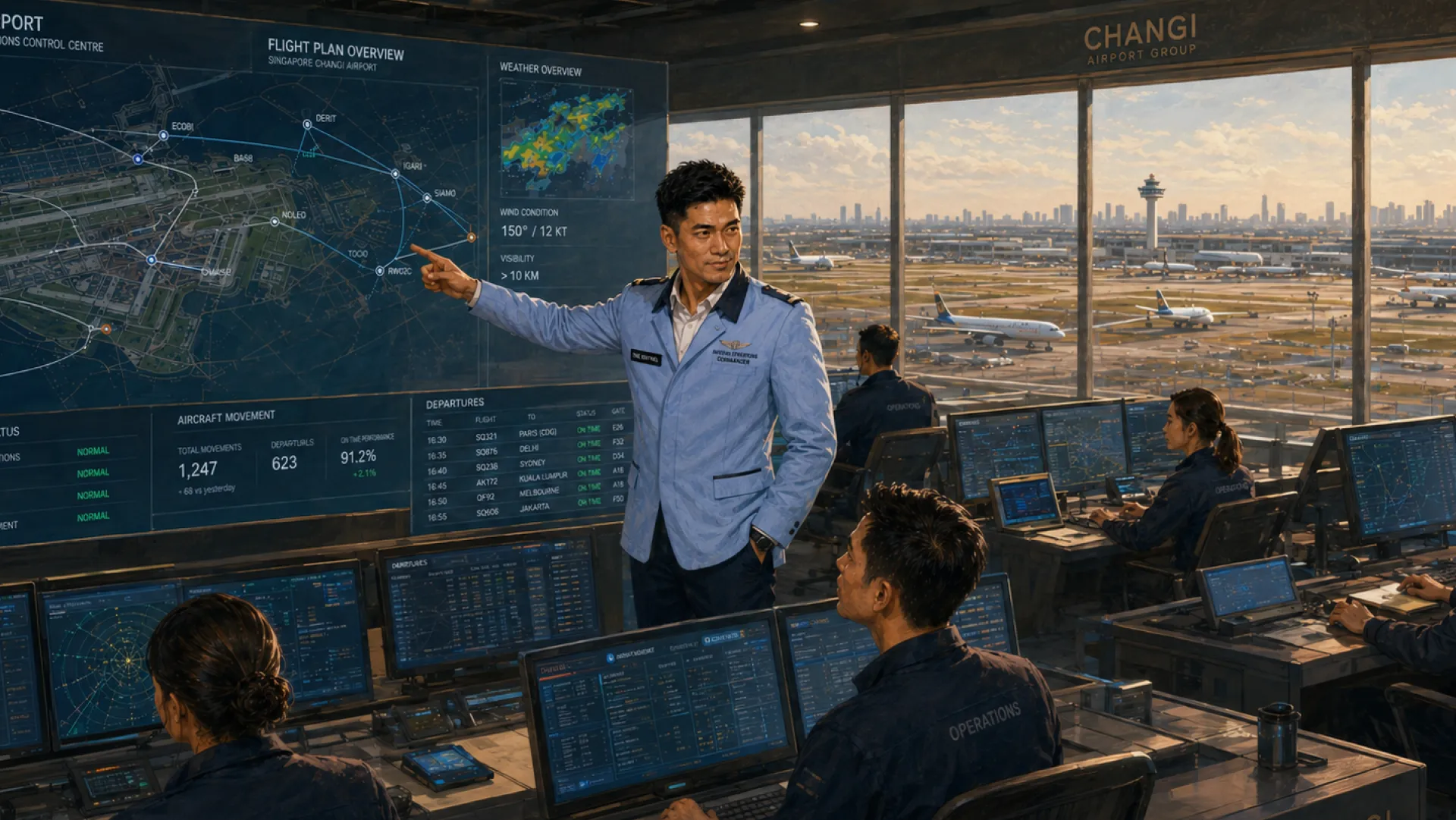 The Sentinel pointing at a large flight plan and weather display in an airport operations room, with staff at consoles and aircraft on the apron beyond the windows