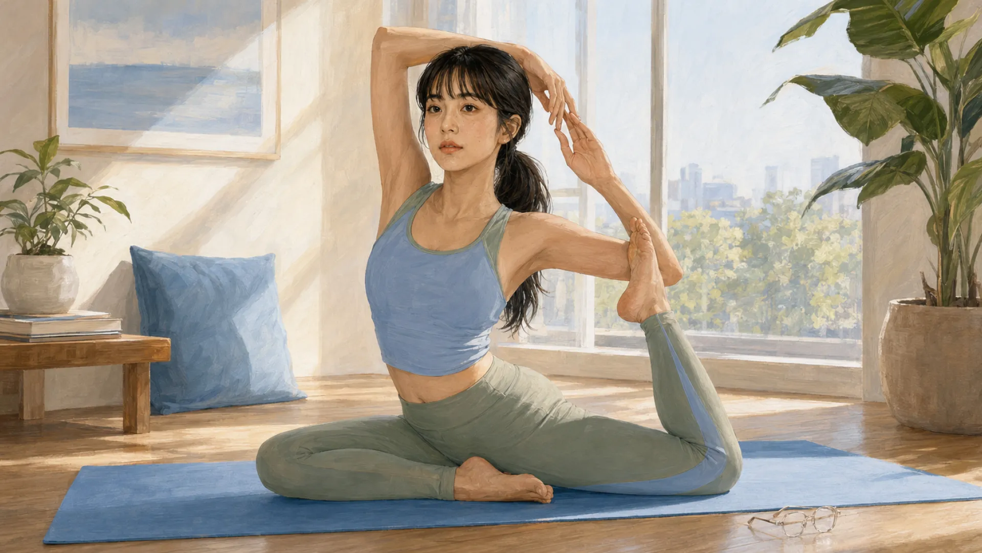 The Sentinel holding a slow seated stretch on a blue mat in a sunlit room, both hands drawing a raised foot in