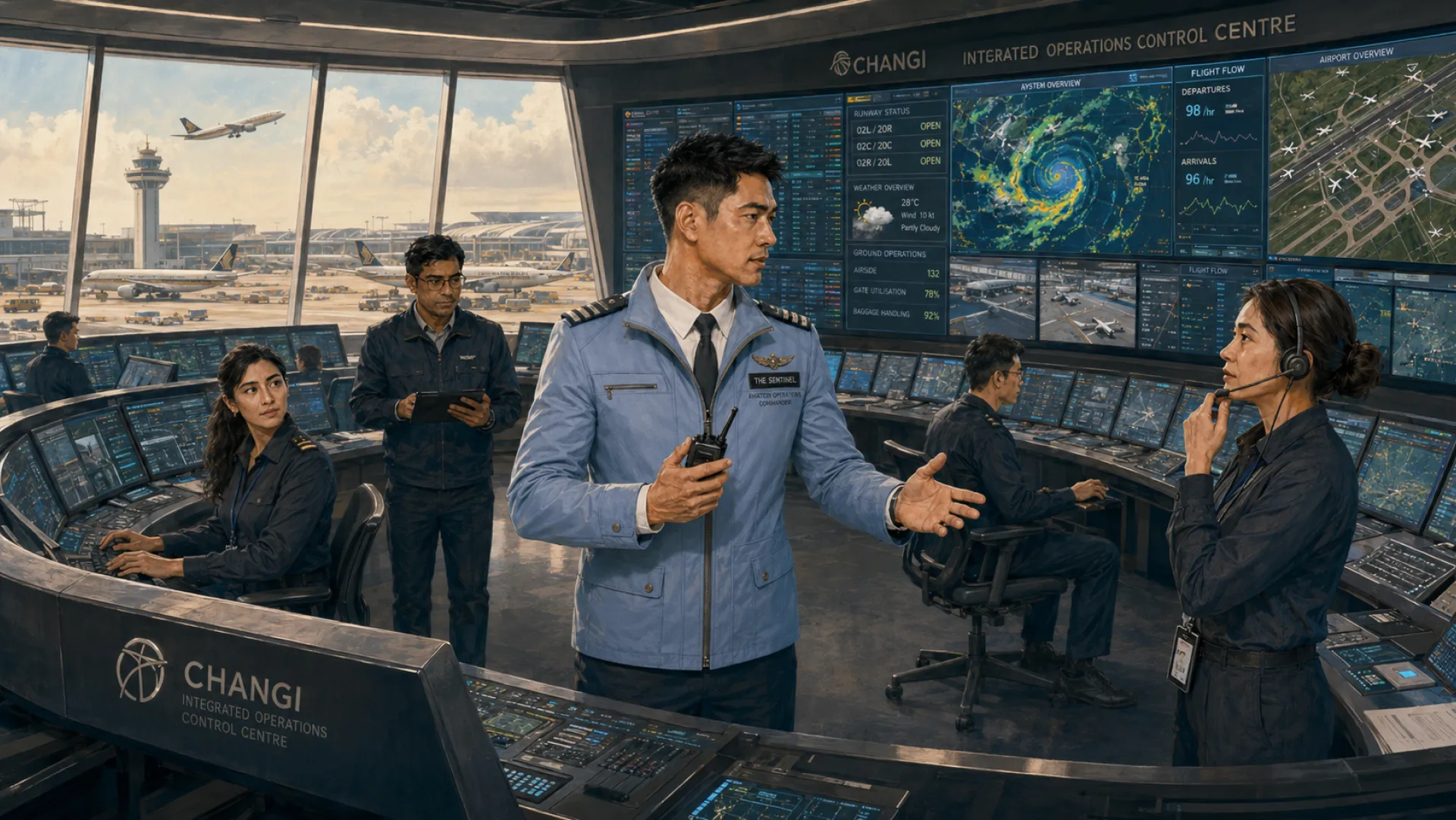 The Sentinel at the centre of an airport operations control centre, radio in hand, with runway status boards and a storm-radar map filling the wall behind