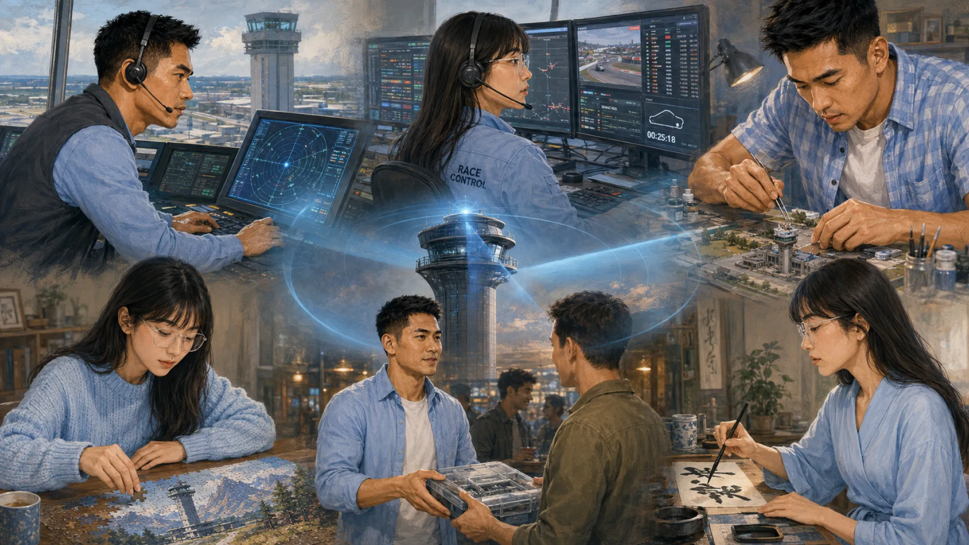 The Sentinel in six scenes around a glowing control tower: at a radar desk, at race control screens, painting a model tower, working a jigsaw, handing over a case of parts, and practising brush calligraphy