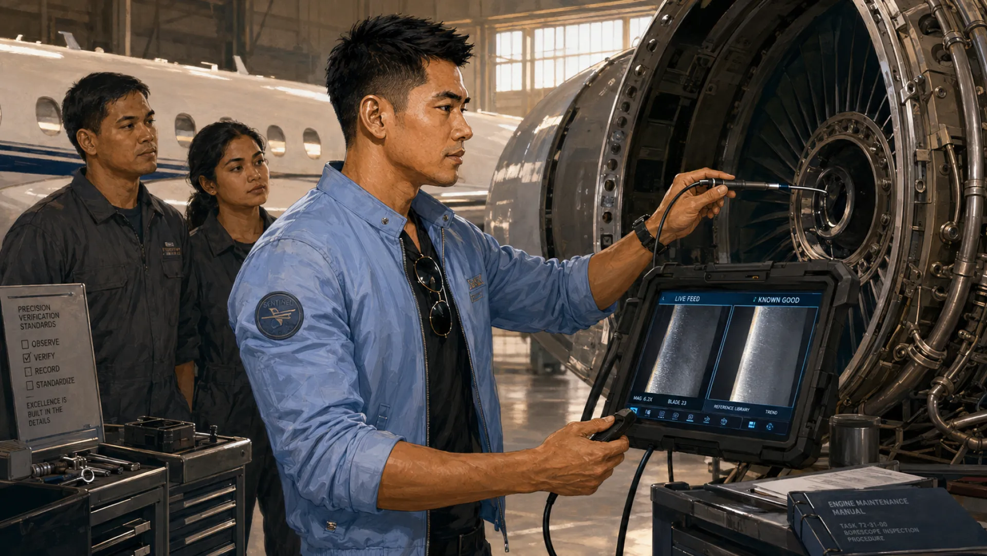 The Sentinel feeding a borescope probe into a jet engine in a hangar, comparing the live image against a reference on a rugged tablet while two engineers look on