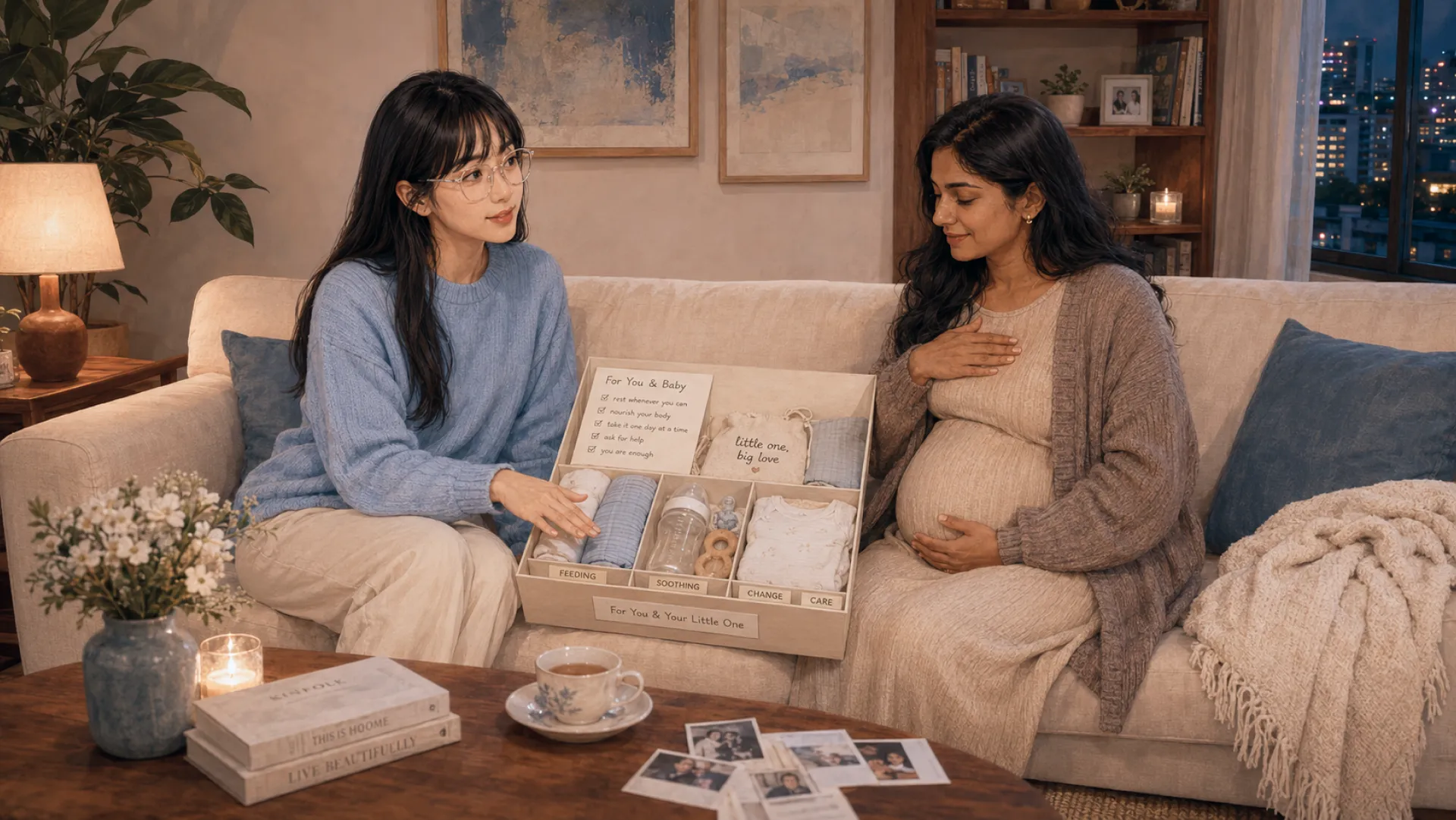 The Sentinel on a sofa in a lamplit room at night, opening a carefully sorted box of baby supplies for the expectant friend sitting alongside
