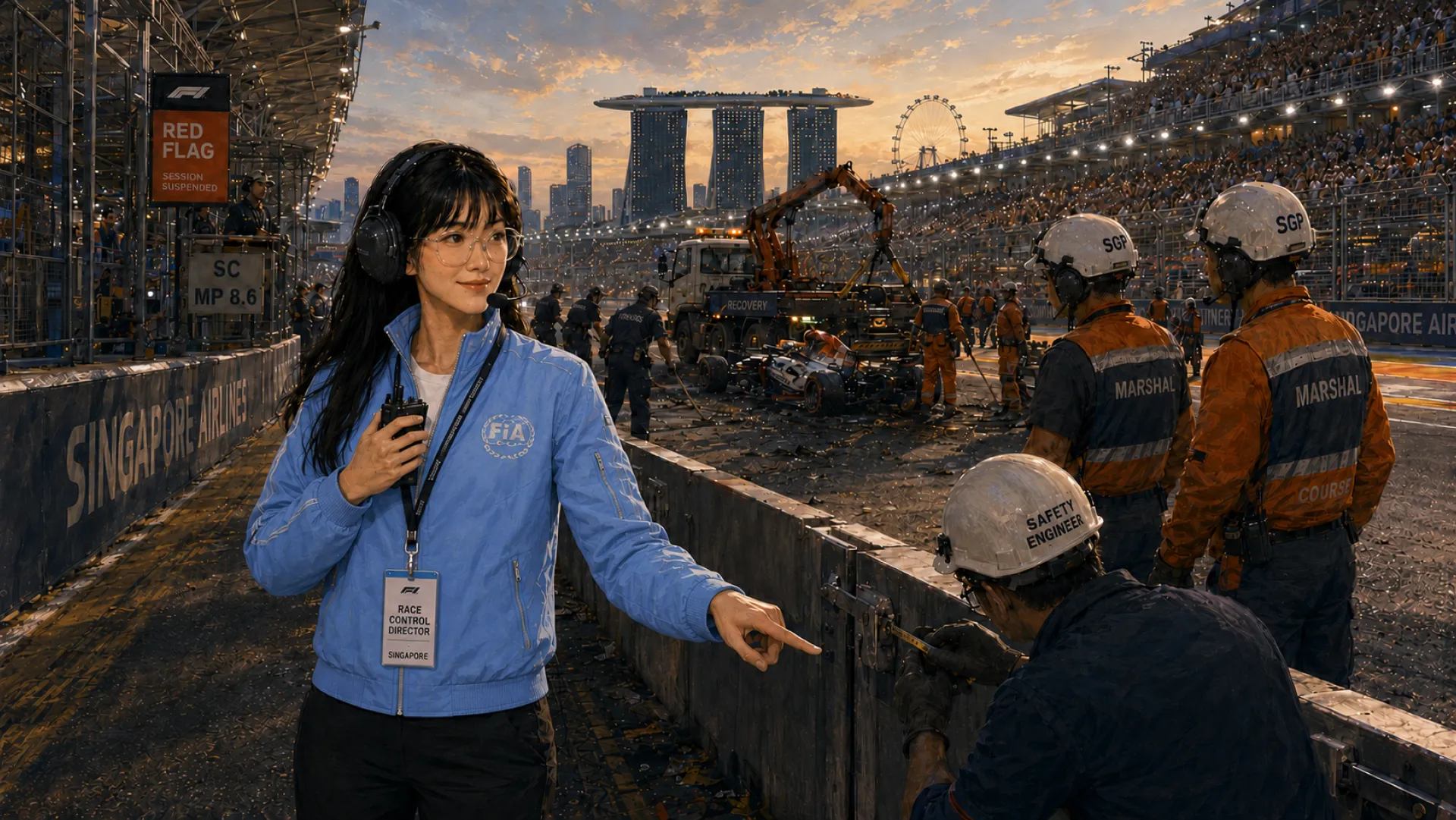 The Sentinel in a race control jacket at a floodlit street circuit, directing marshals along the barrier while a recovery crane clears a wrecked car under a red flag board
