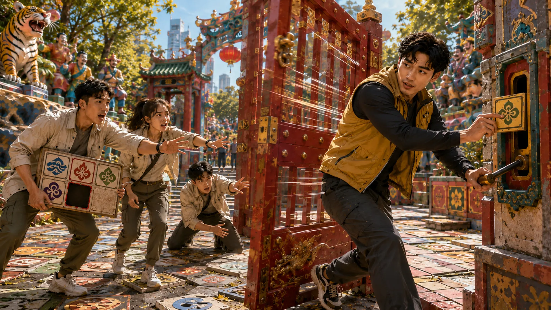 The Spark pressing a painted tile panel beside a locked red gate while three teammates hold up the matching tile board from behind and call out