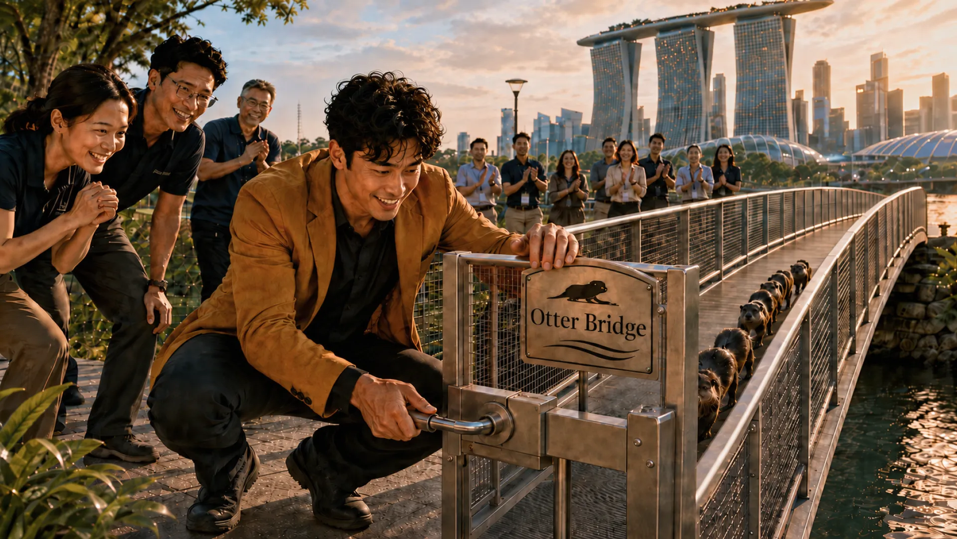 The Spark crouching to unlatch the gate of a new footbridge signed Otter Bridge while a line of otters files across it and colleagues applaud from behind