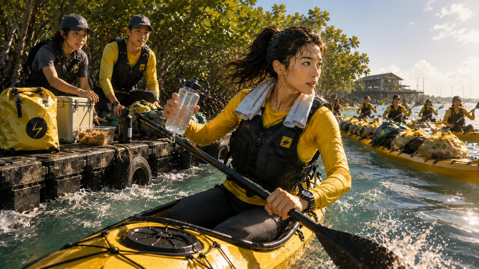 The Spark paddling a loaded yellow kayak past a floating supply raft in the mangroves, a water bottle in one hand and the rest of the group following