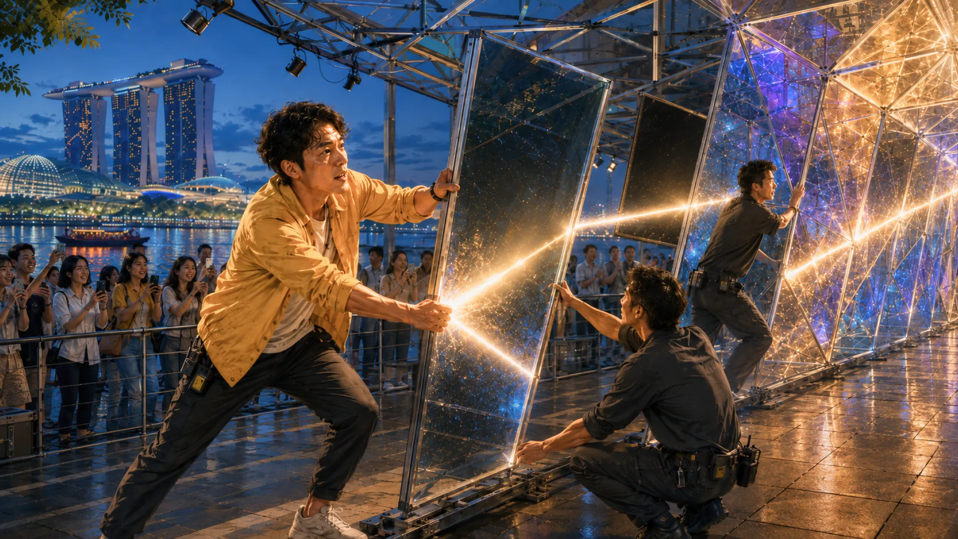 The Spark angling a mirror panel at dusk, sending a beam of light down the row while the crowd watches