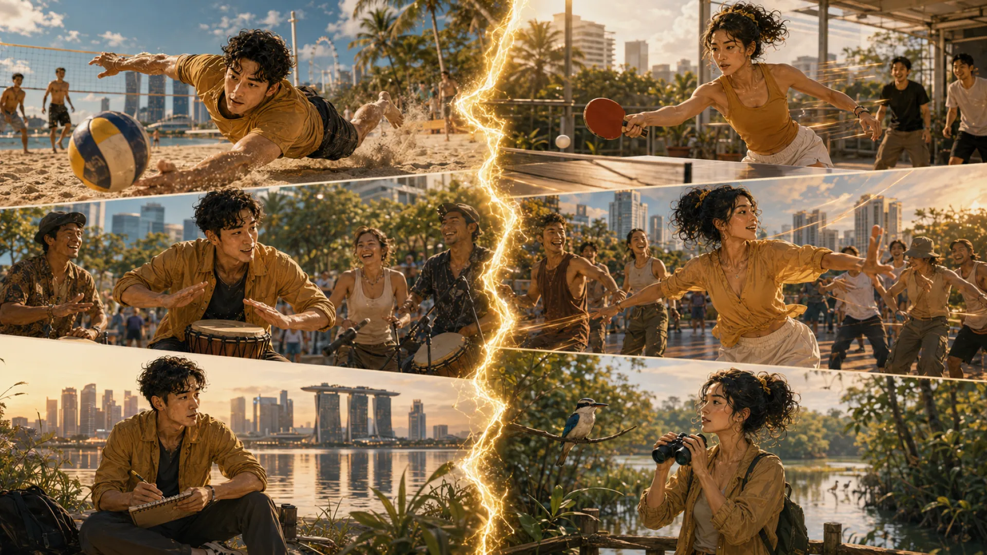 Six panels split by a seam of lightning: a dive for a beach volleyball, a table tennis return, drumming with a street band, dancing in a park circle, sketching by the water, and watching a kingfisher through binoculars
