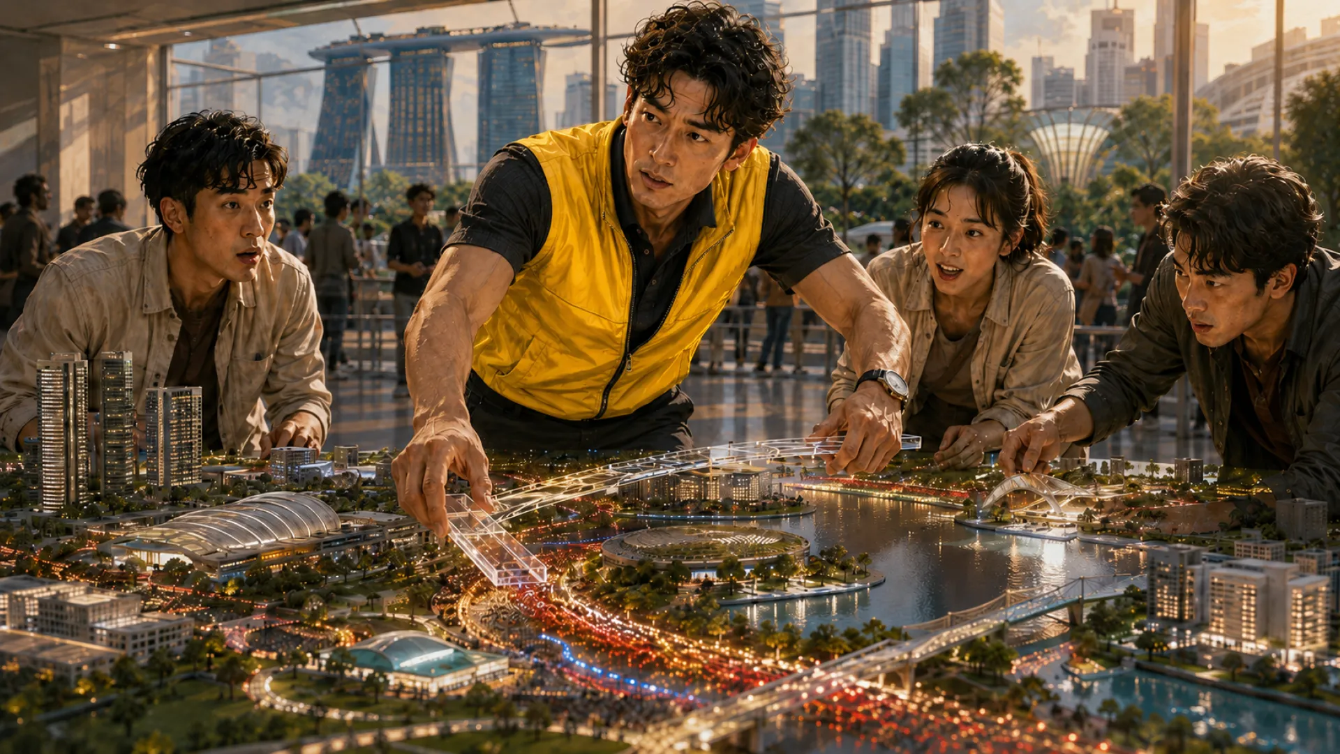 The Spark setting a clear bridge piece onto a lit scale model of a waterfront city while three colleagues lean over the table to watch