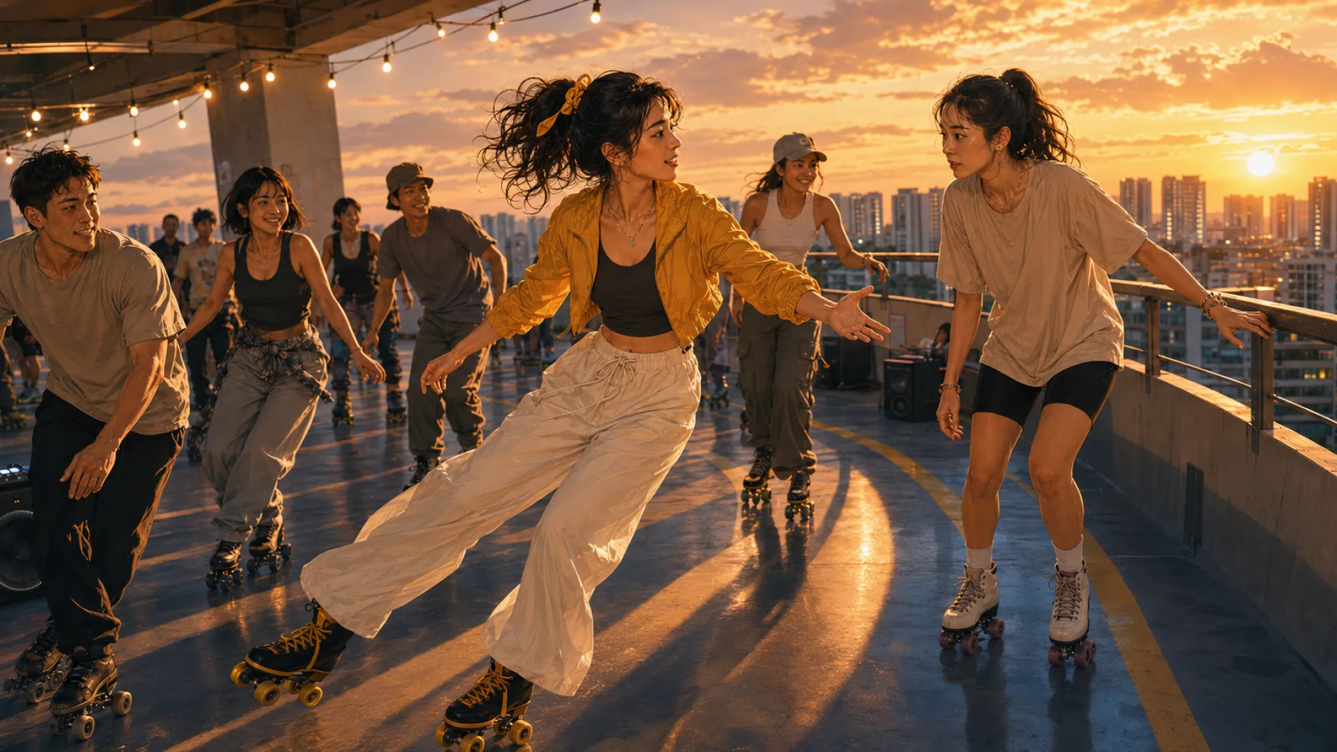 The Spark on roller skates, hand held out to another skater by the rail, in a rooftop car park strung with lights at sunset