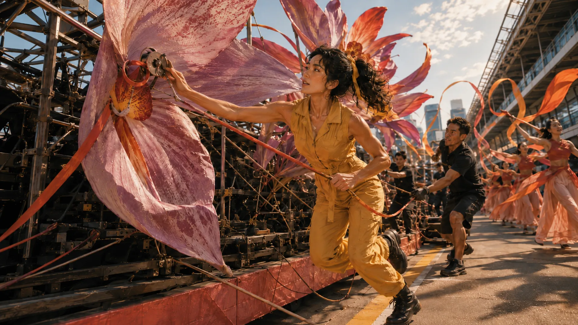 The Spark in a yellow jumpsuit hauling a rope that opens the giant paper petals on a parade float, with the crew running behind