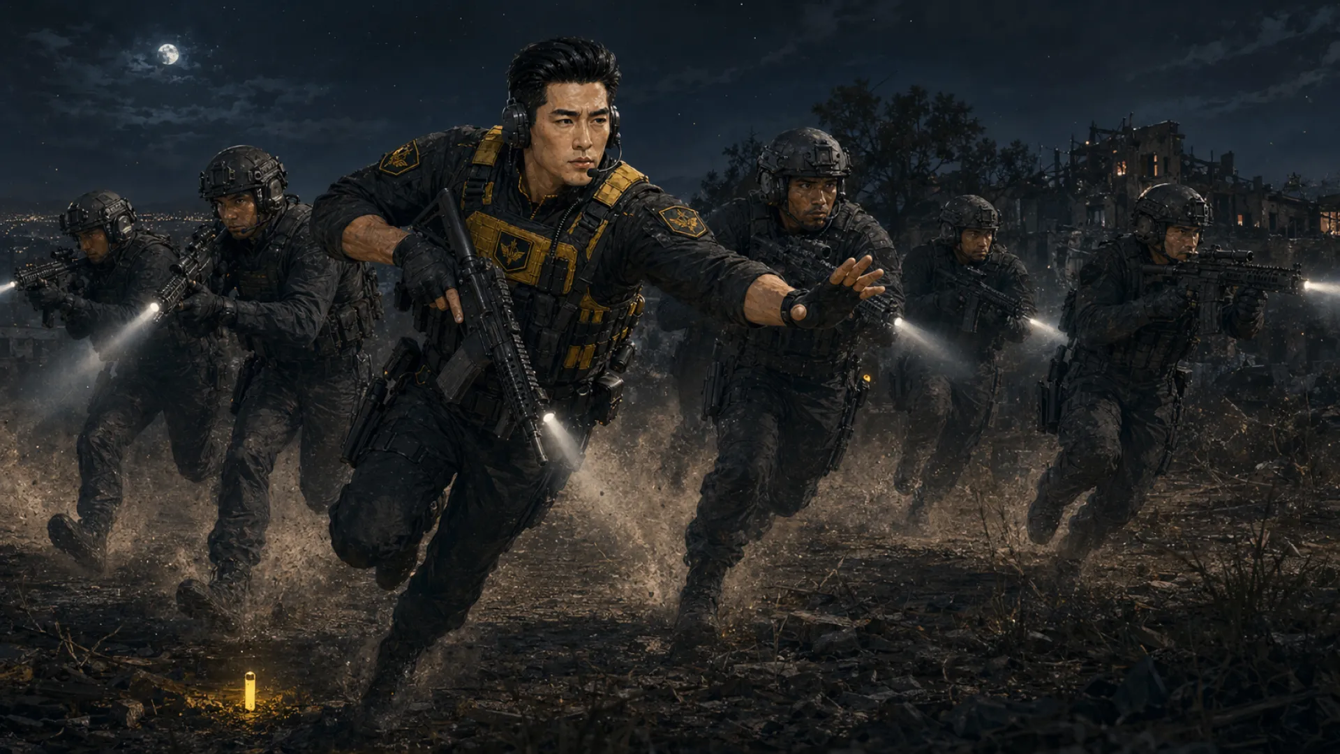 The Storm out in front of a running line of teammates at night, arm out, waving them across broken ground