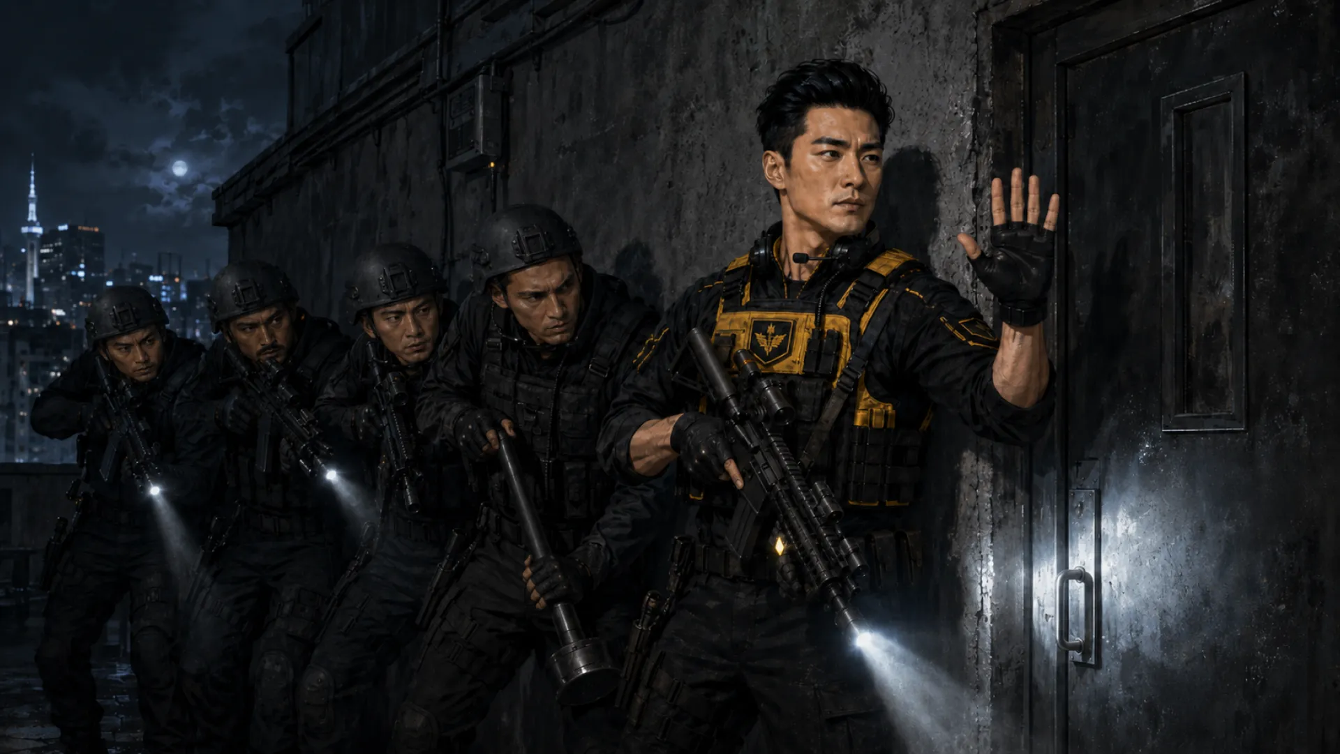 The Storm holding a line of teammates still against a wall at night, one gloved hand raised beside a steel door