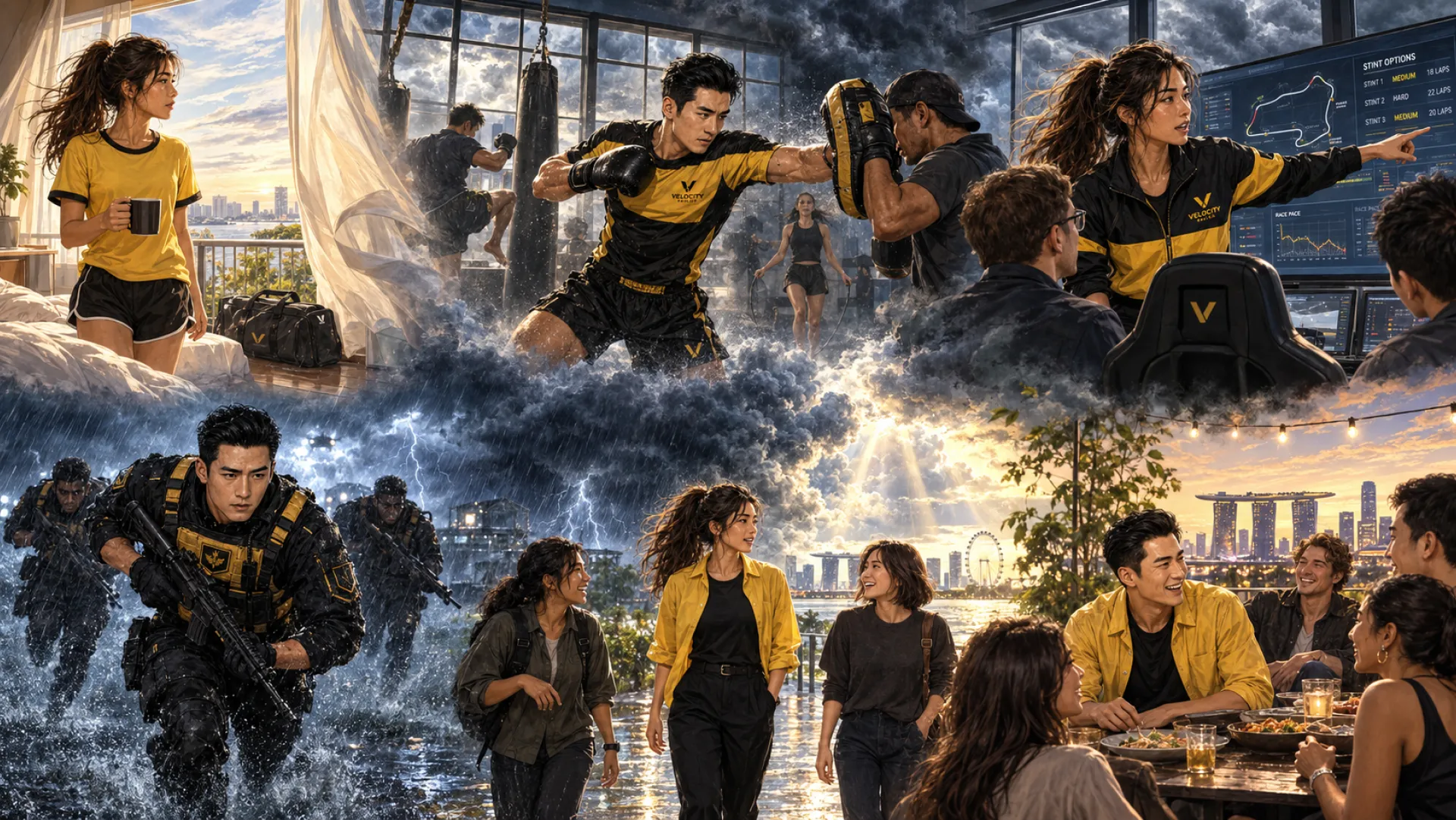 The Storm's week in panels: pad work with a coach, a race strategy screen, a run through heavy rain, and dinner with friends