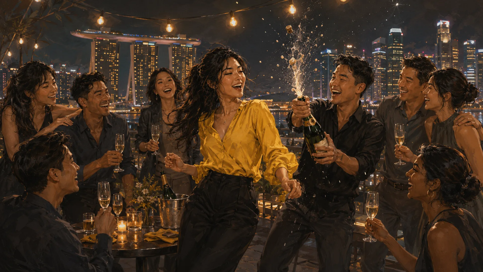 The Storm laughing on a rooftop at night as a bottle is opened, friends around the table with the city lights behind