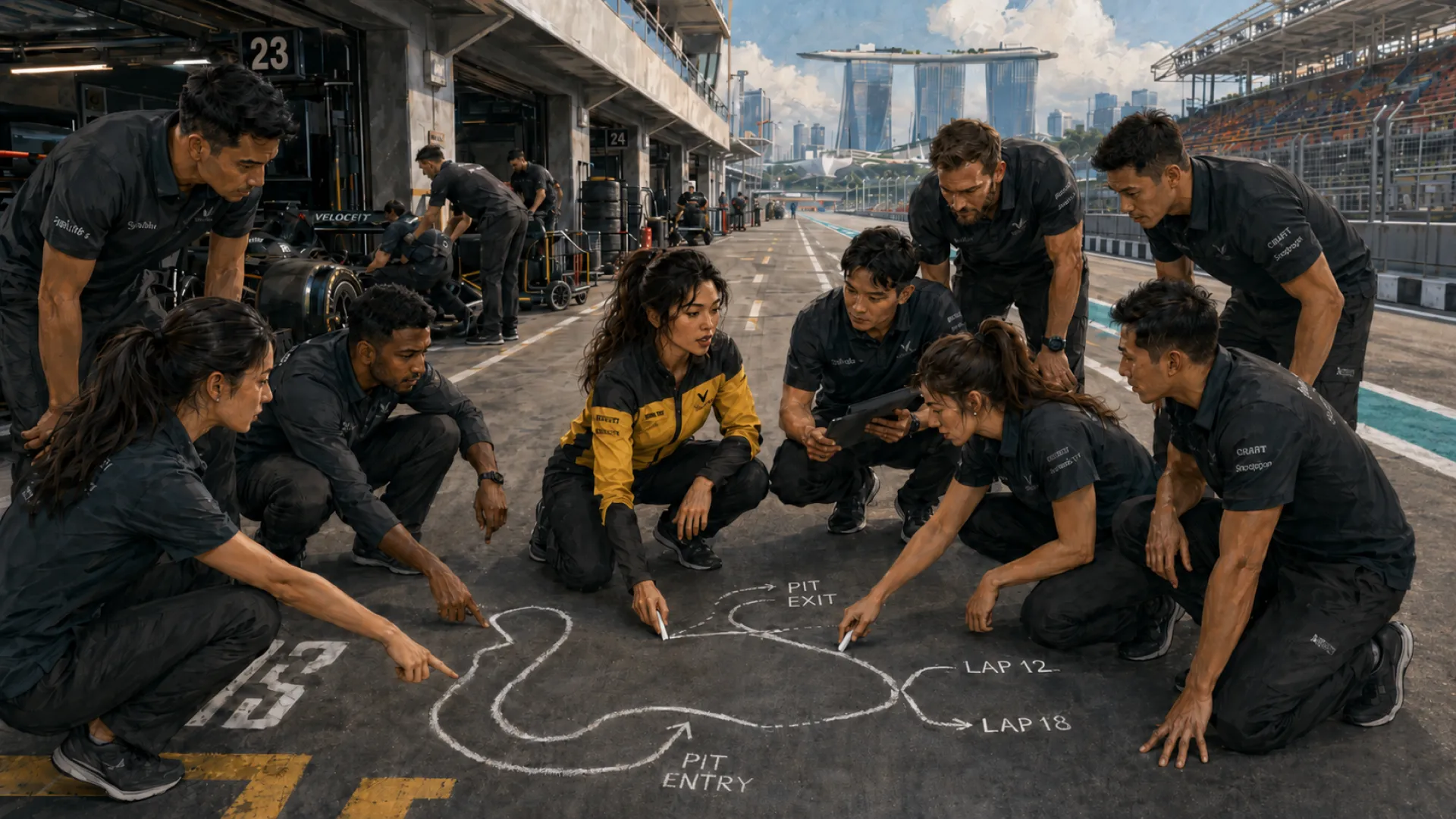 The Storm crouched on a pit lane with the crew, chalking a race plan across the tarmac