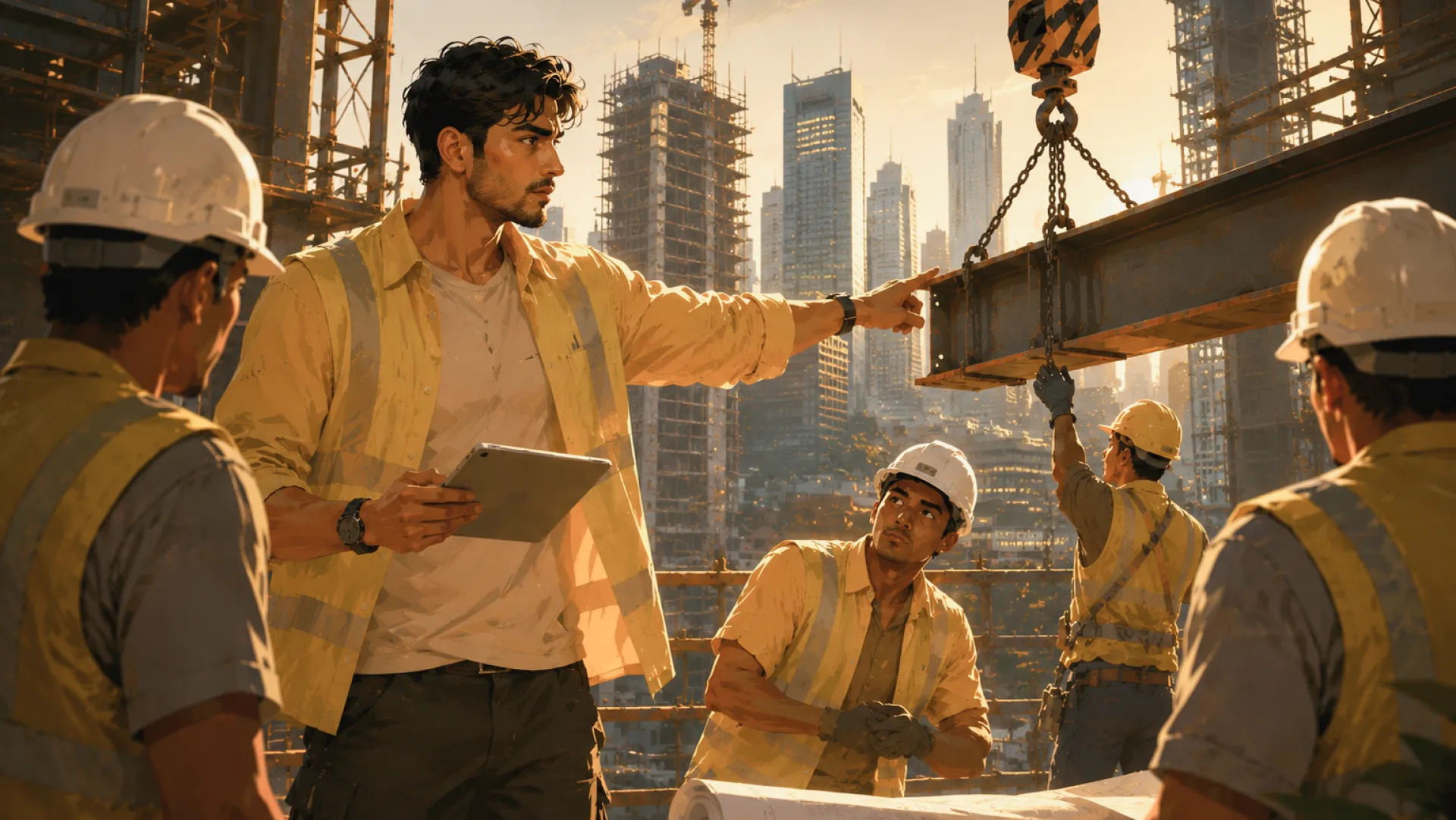 The Titan on a construction deck with a tablet in one hand, pointing to where a craned steel beam should land, hard-hatted workers either side
