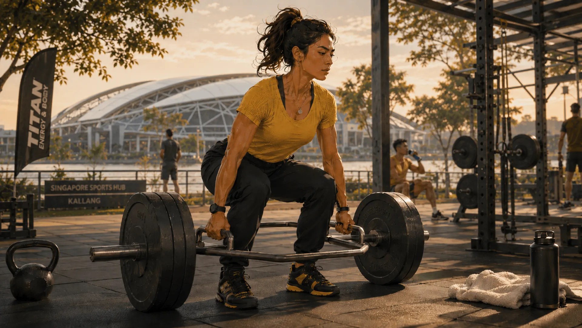 The Titan starting a lift on a loaded trap bar at an outdoor gym by the water, a stadium behind them