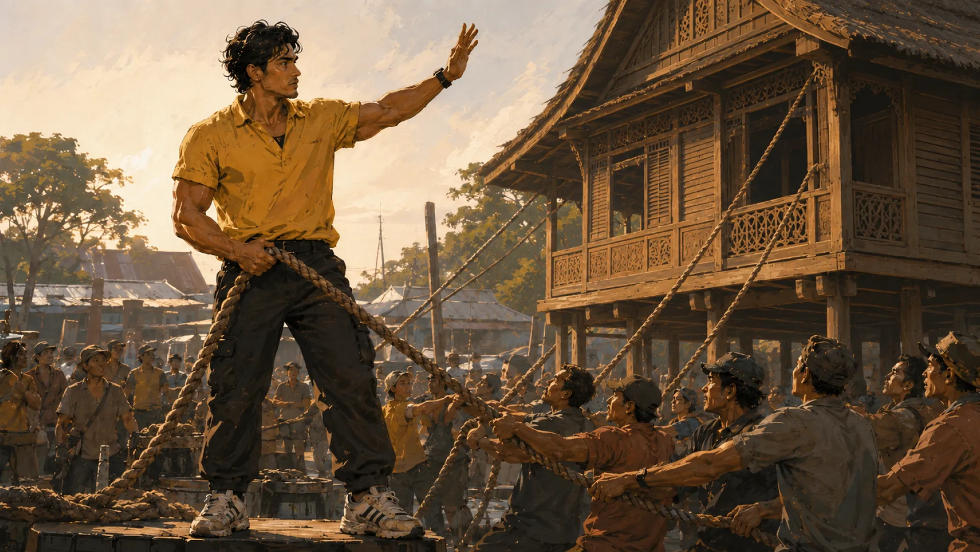 The Titan standing above a crowd, directing dozens of hands as they haul a timber house into place together