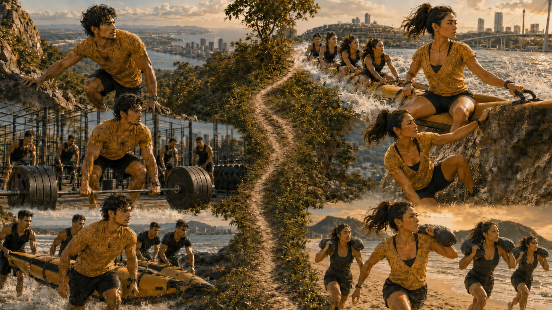 The Titan in several scenes at once, split by a winding coastal path: climbing a rock face, deadlifting a loaded bar, hauling a boat through the surf with a crew, and running the beach carrying sandbags