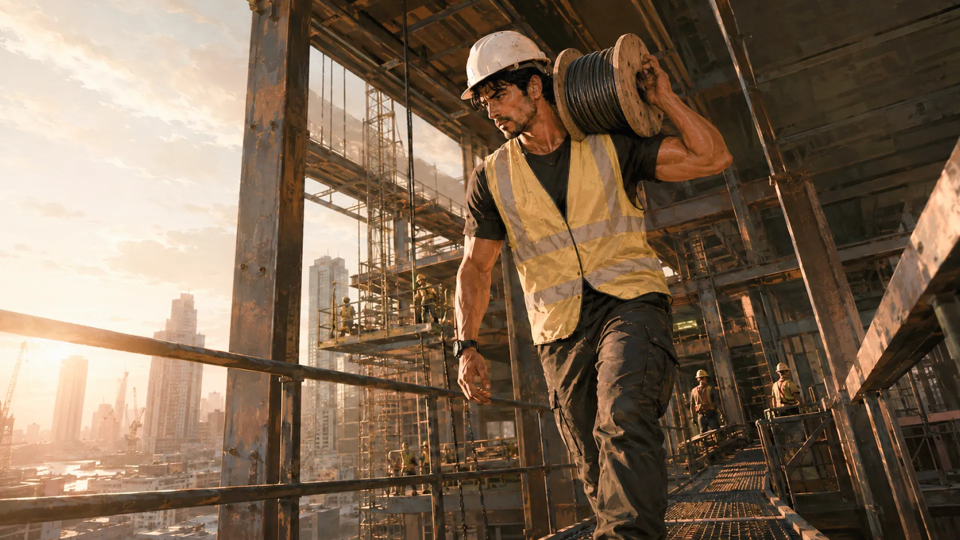 The Titan in a hard hat and hi-vis vest, carrying a cable drum on one shoulder along a scaffold walkway high above the city
