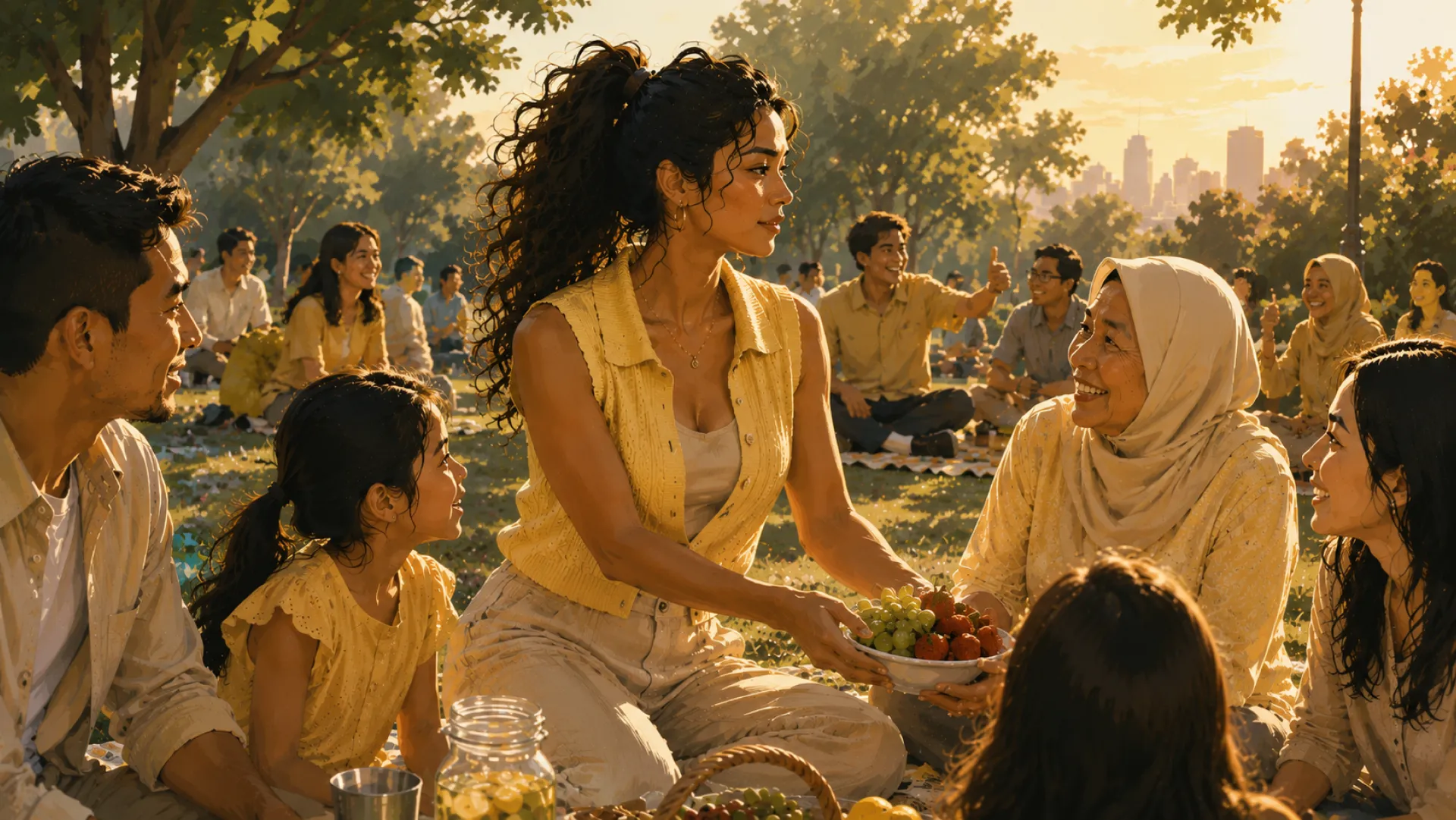 The Titan sitting on the grass at a park picnic, passing a bowl of grapes and strawberries to an older person in a headscarf, with families spread out behind them