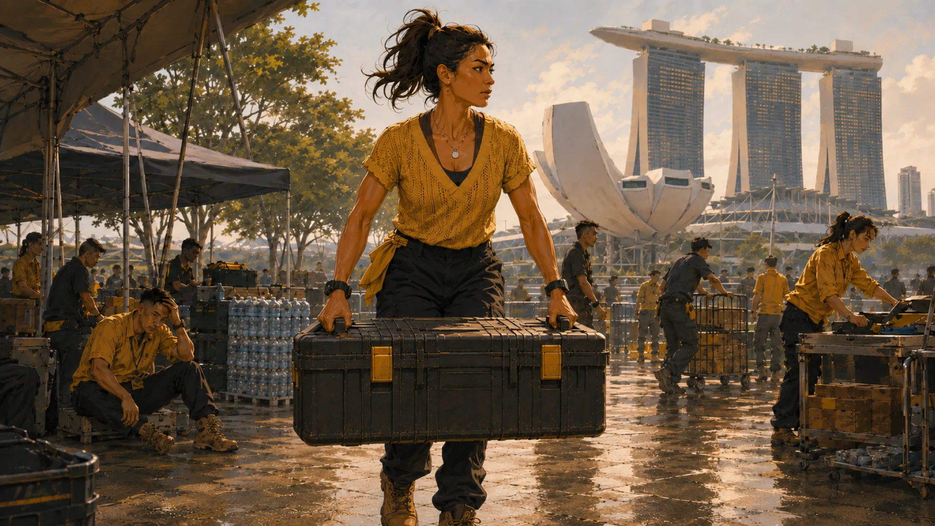 The Titan carrying a large equipment case across a wet event ground, past crates and stacked water, while the rest of the crew sit down to rest