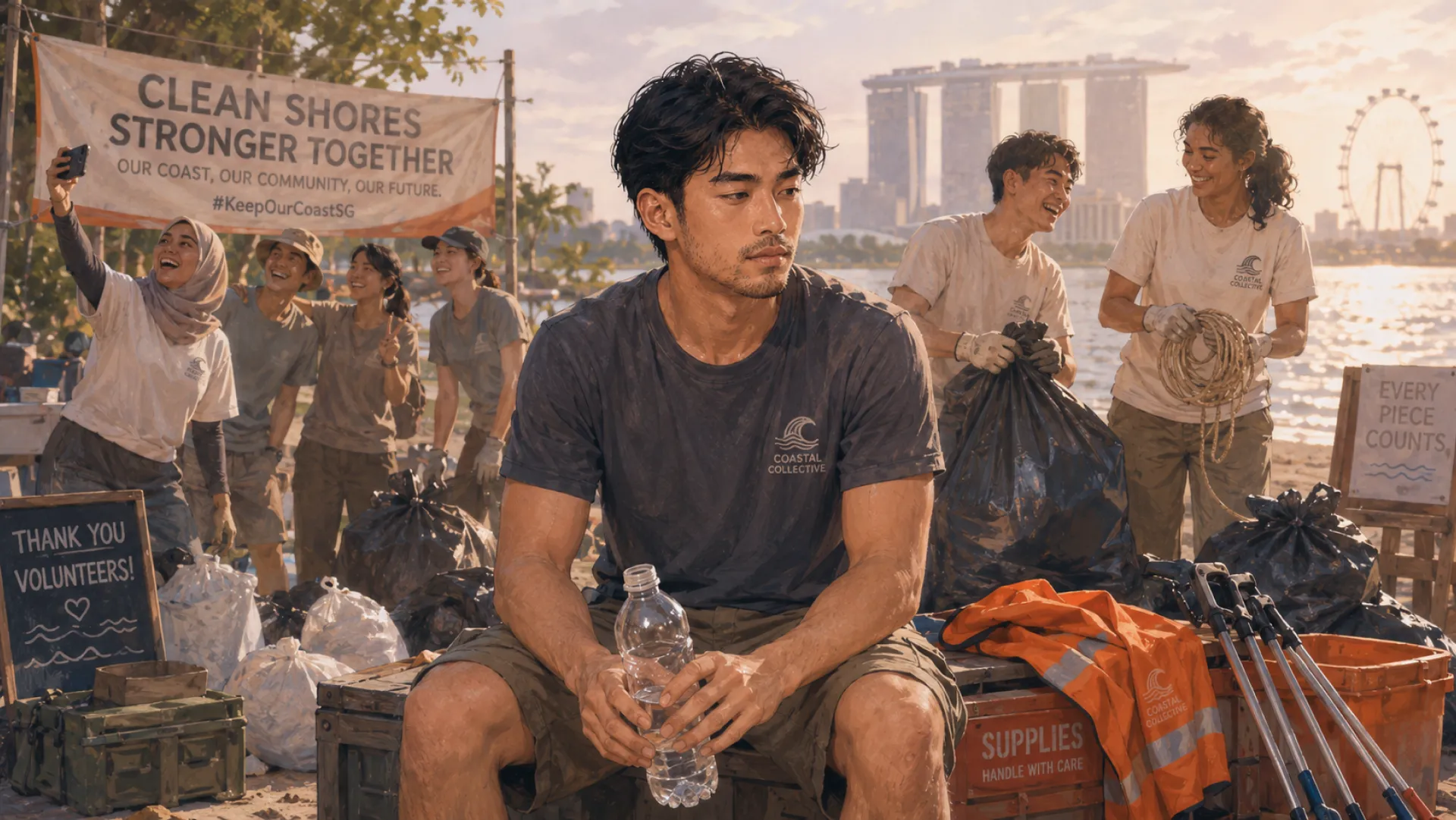 The Vanguard sitting apart on a supplies crate with a water bottle at the end of a beach clean-up, while the volunteers behind are still laughing and taking photos