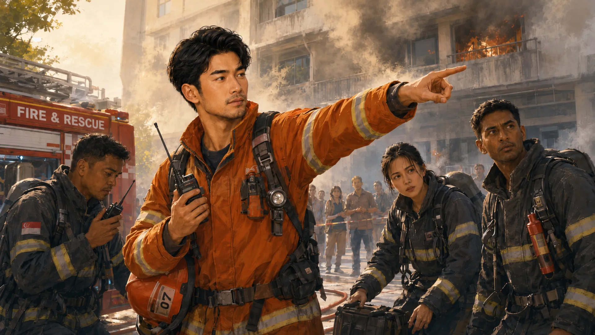 The Vanguard at a fire and rescue scene with a radio in one hand, pointing the crew toward a smoking building