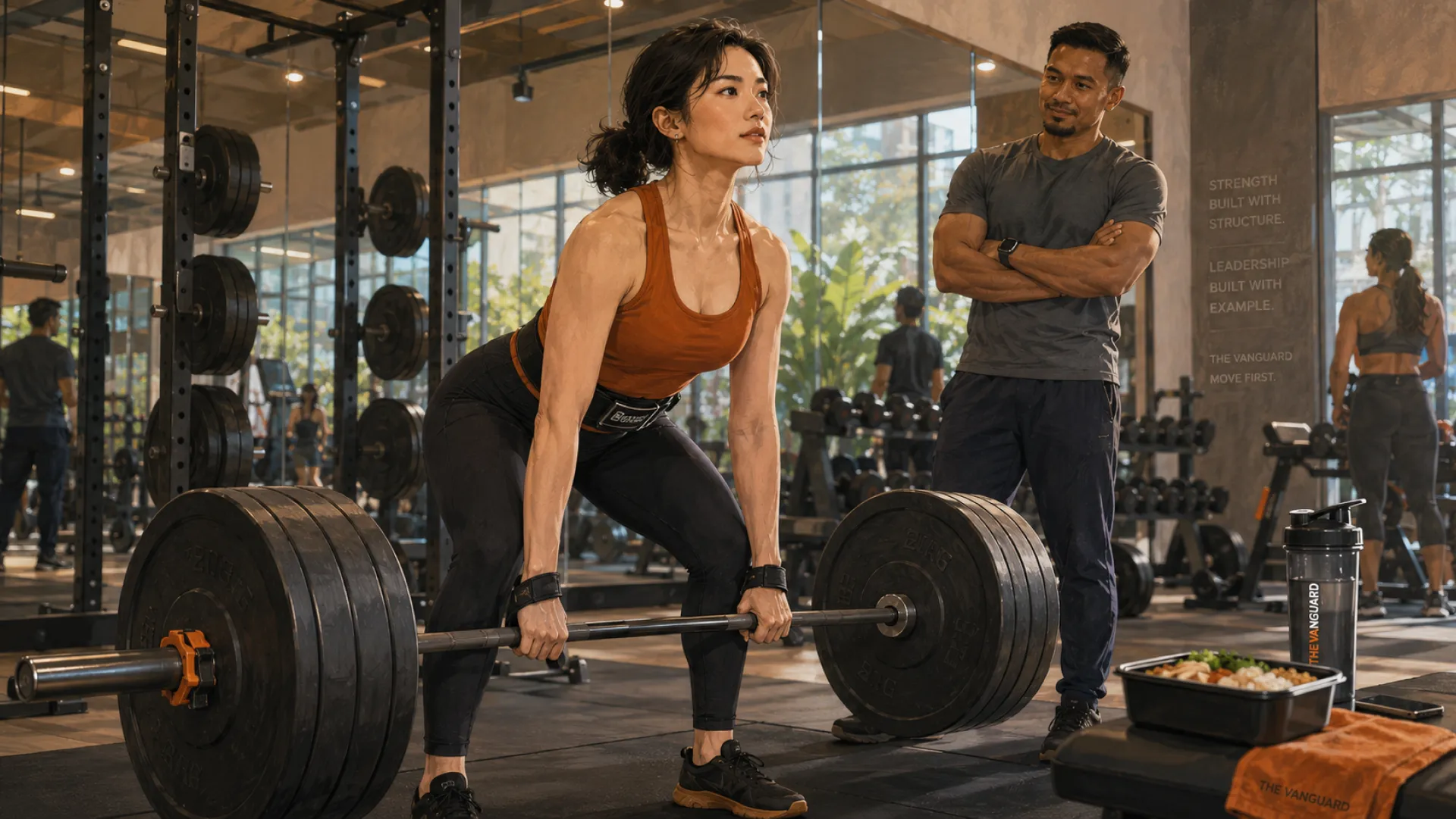 The Vanguard mid-deadlift on a heavily loaded barbell while a coach stands watching with folded arms, a meal box and shaker on the bench behind