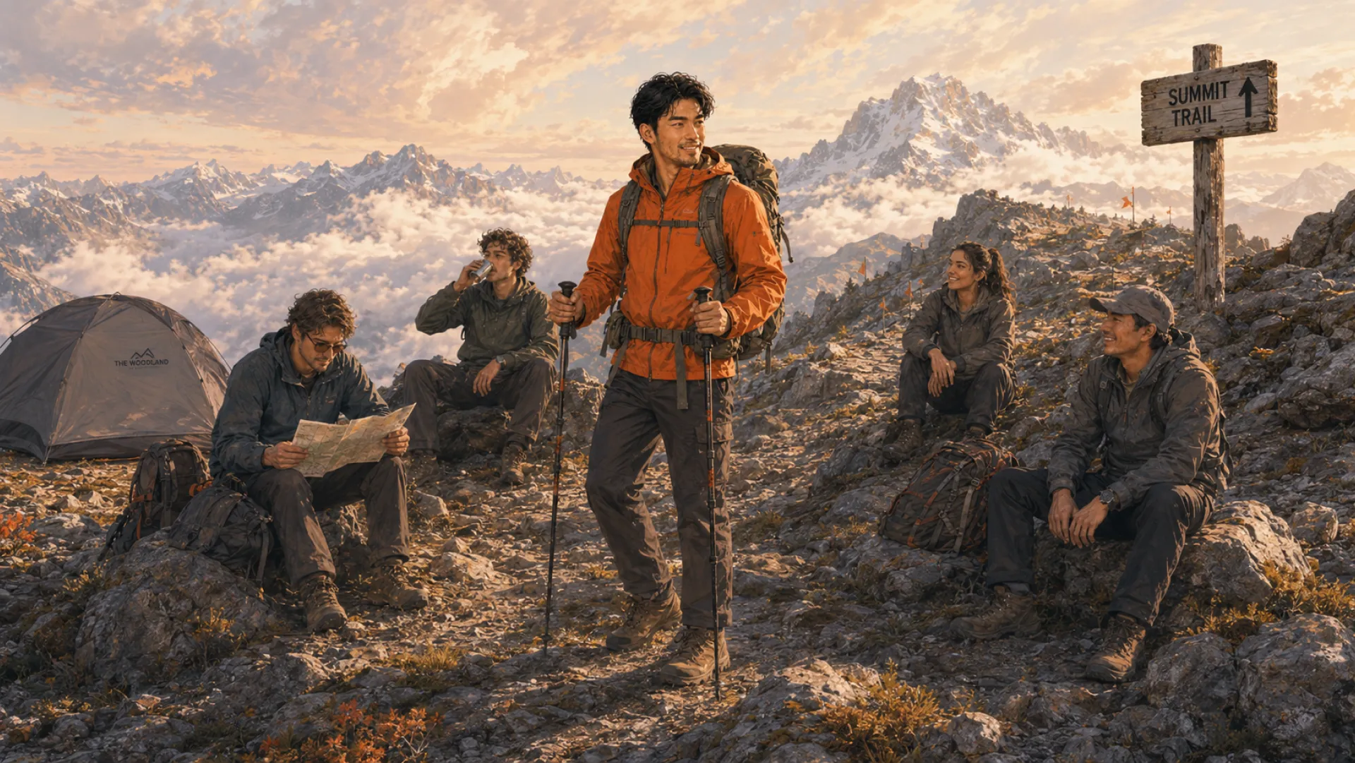 The Vanguard still on their feet with trekking poles at a mountain trail sign, while the rest of the party sits down among the packs and the tent