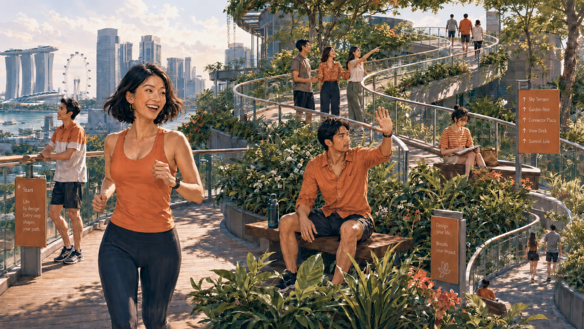 The Vanguard jogging a planted sky walkway above the city, past a bench, a signpost of routes, and others out on the same winding path