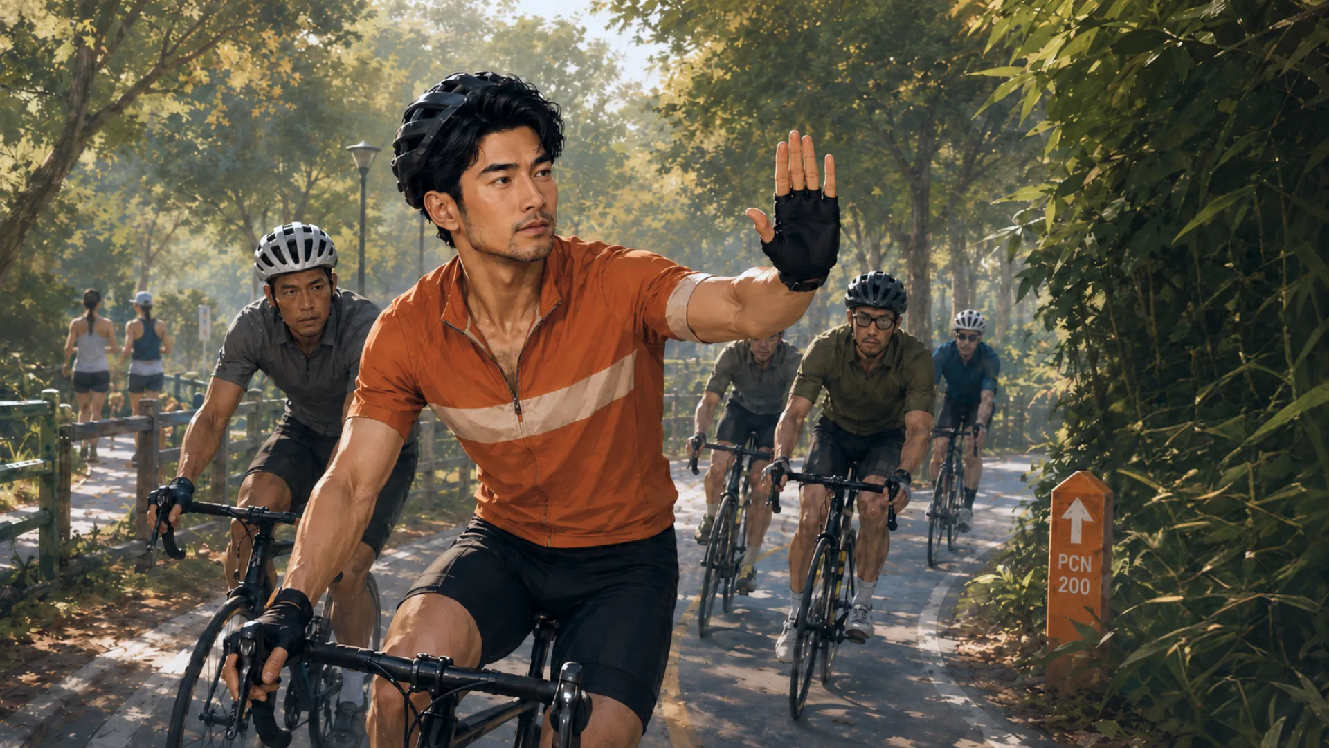 The Vanguard riding at the front of a group of cyclists on a park connector path, one hand raised to signal the riders behind