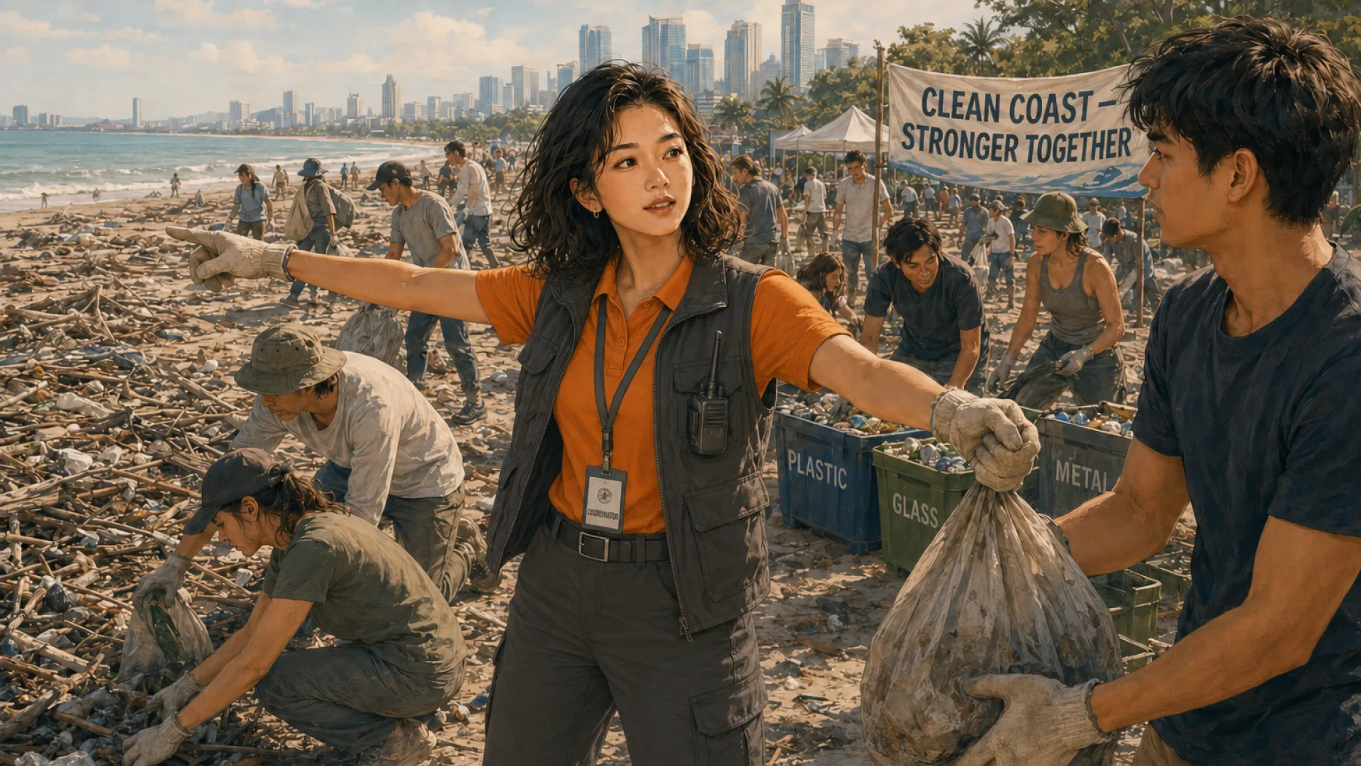 The Vanguard in a coordinator's lanyard on a beach clean-up, one arm pointing down the shoreline and the other taking a full bag from a volunteer